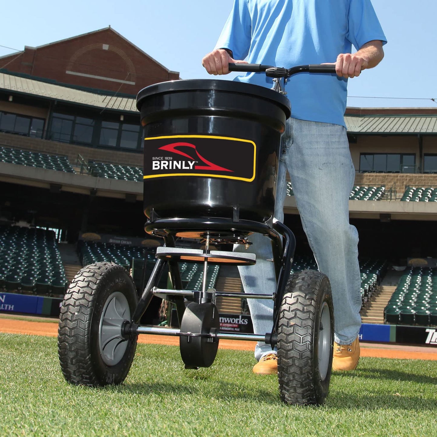 Brinly P20-500BHDF-A Push Spreader with Side Deflector Kit and Hopper Grate, 50 lb. Capacity - Flat Black