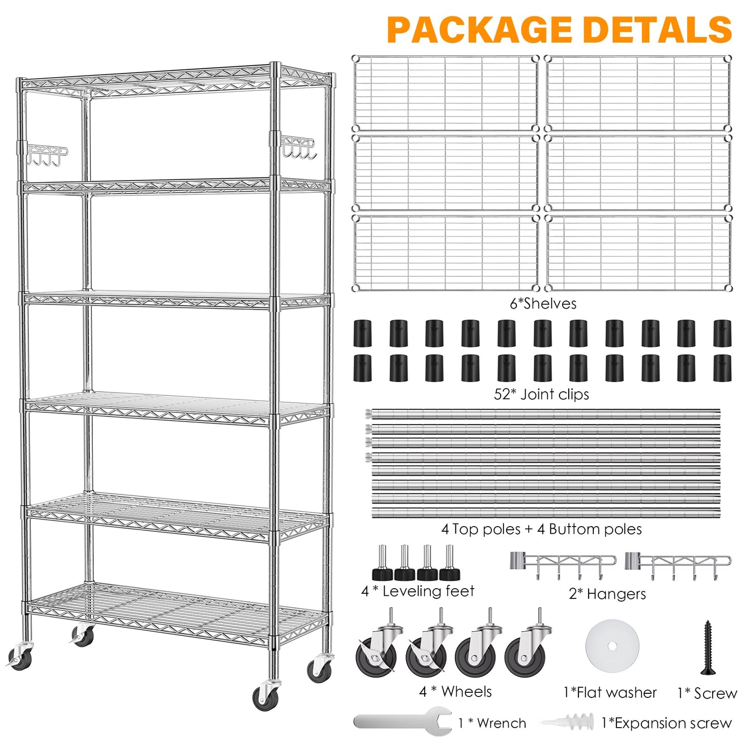 YNN Storage Shelves,6000Lbs 6 Tier Heavy Duty Metal Rolling Shelving Unit with Wheels & 8 Hooks, Adjustable Garage Wire Rack for Kitchen, Bathroom,Industrial,Pantry(36" W x 14" D x 72" H, Chrome)