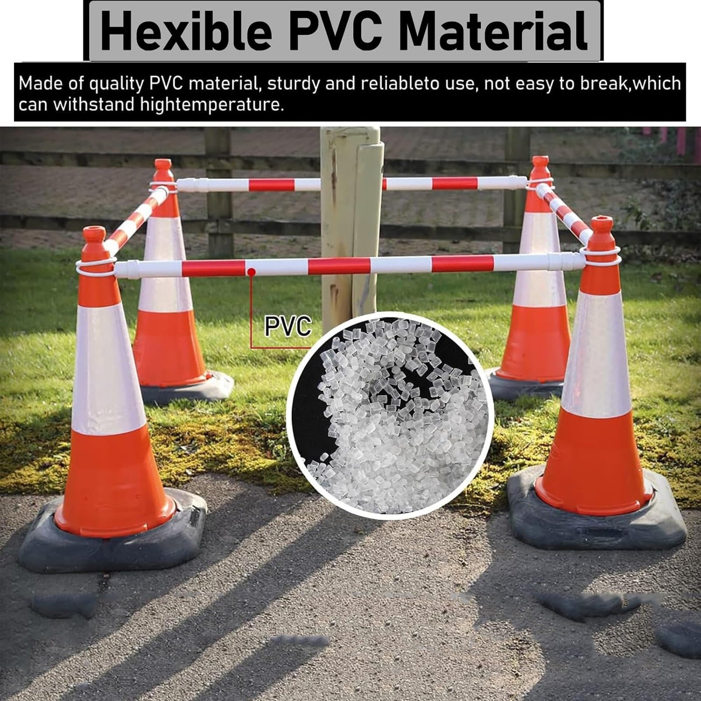 Heavy Duty Reflective Traffic Cone Bar, Expandable 4.5ft-8ft Adjustable Safety Barrier, Durable PVC with Red Tape, Ideal for Road Safety, Construction, and Events (6PCS)