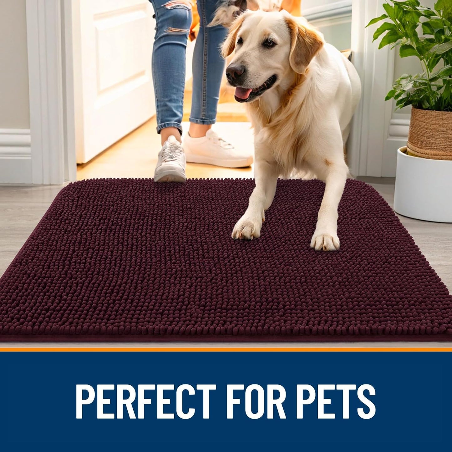 OLANLY Dog Door Mat - Absorbent Non-Slip Washable Doormat for Muddy Paws | 40x32, Quick Dry Chenille, Russet