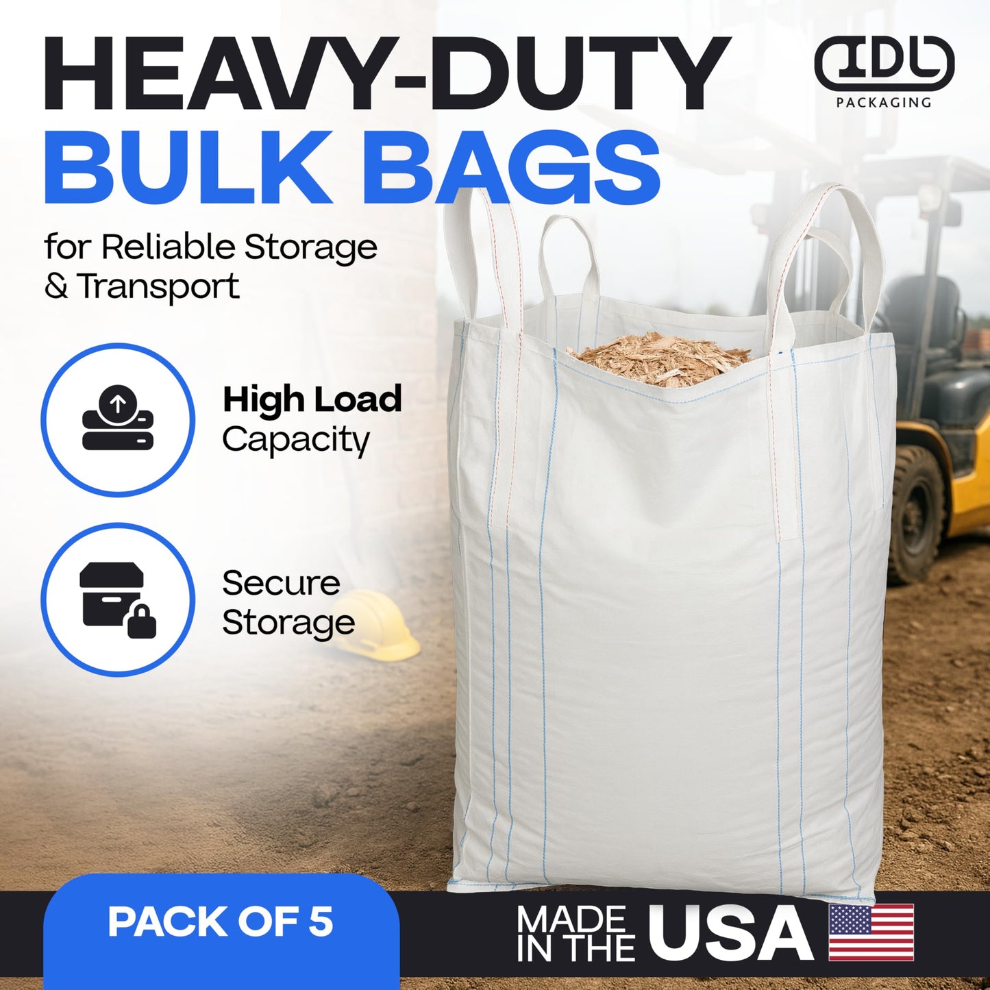 Bulk Construction Bags 35"Lx35"Wx50"H, 5-Pack - USA-Made Open Top, Flat Bottom Bulk Bags 2200 lbs Load Capacity - Heavy-Duty Super Sack for Handling Sand, Gravel & Demolition Debris by IDL Packaging