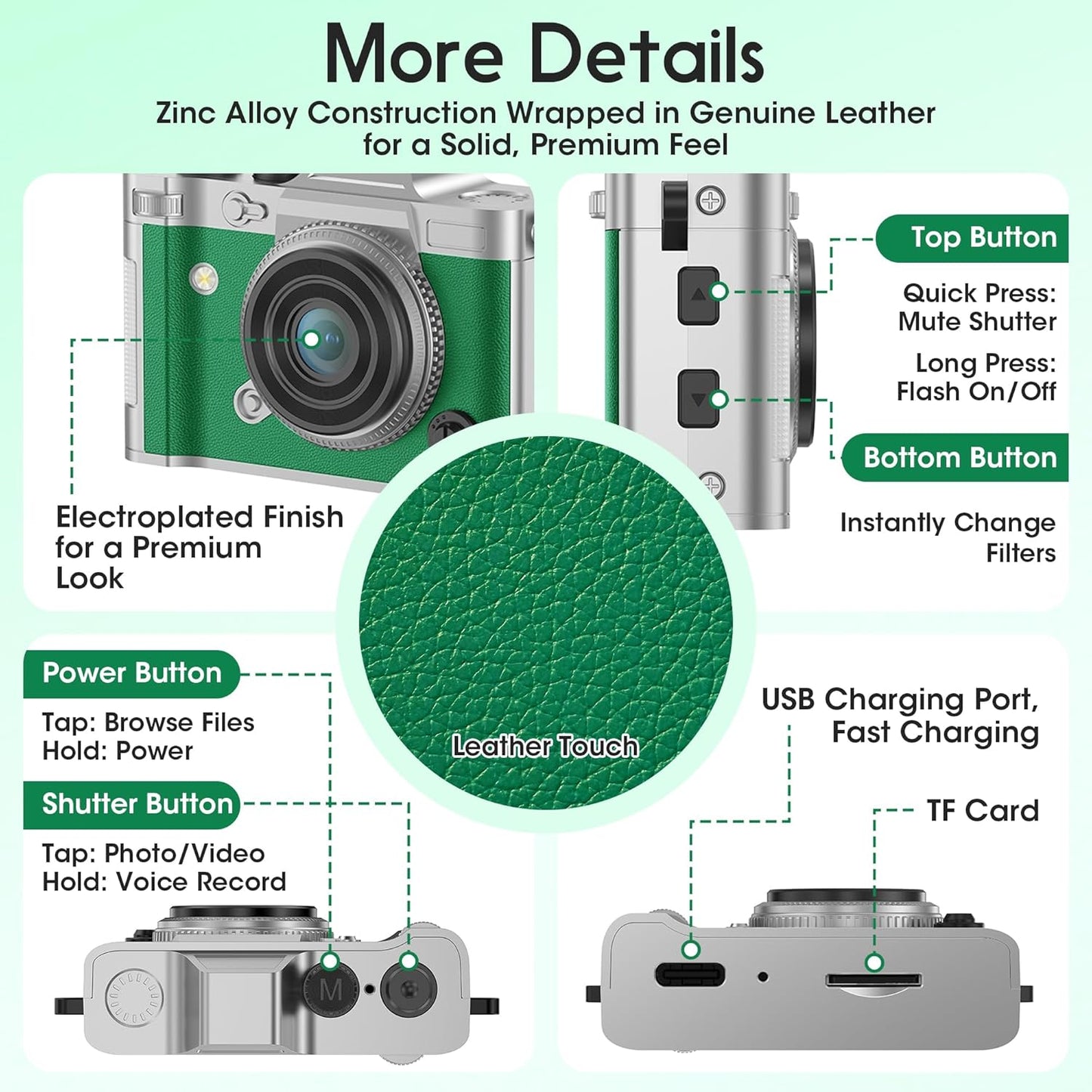 Dienspeak Y2K 2K 16GB Pocket Mini Camera, Retro Keychain Digital Camera with Leather Body, Small Portable HD Video