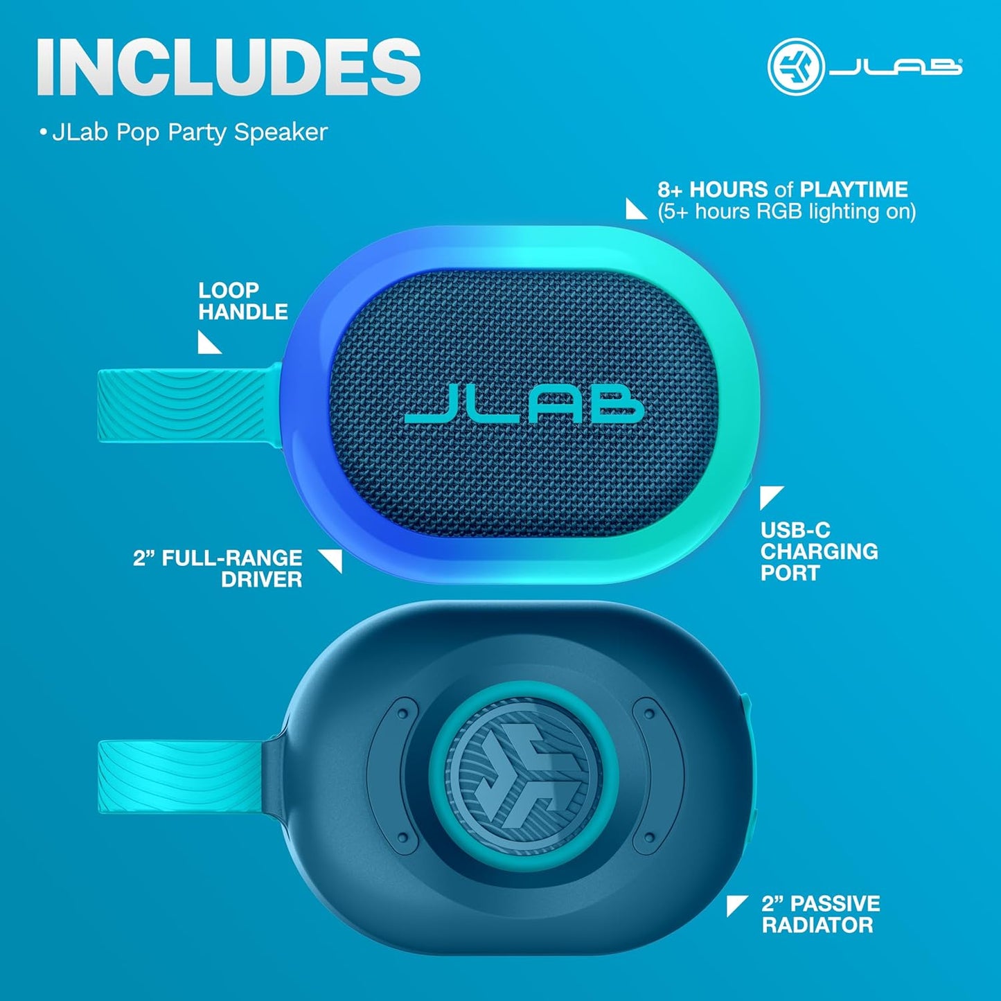 JLab 8+ IP55 100 Pop Party Portable Bluetooth Speaker, Navy, Hours of Playtime, Waterproofing, Detachable Loop Handle