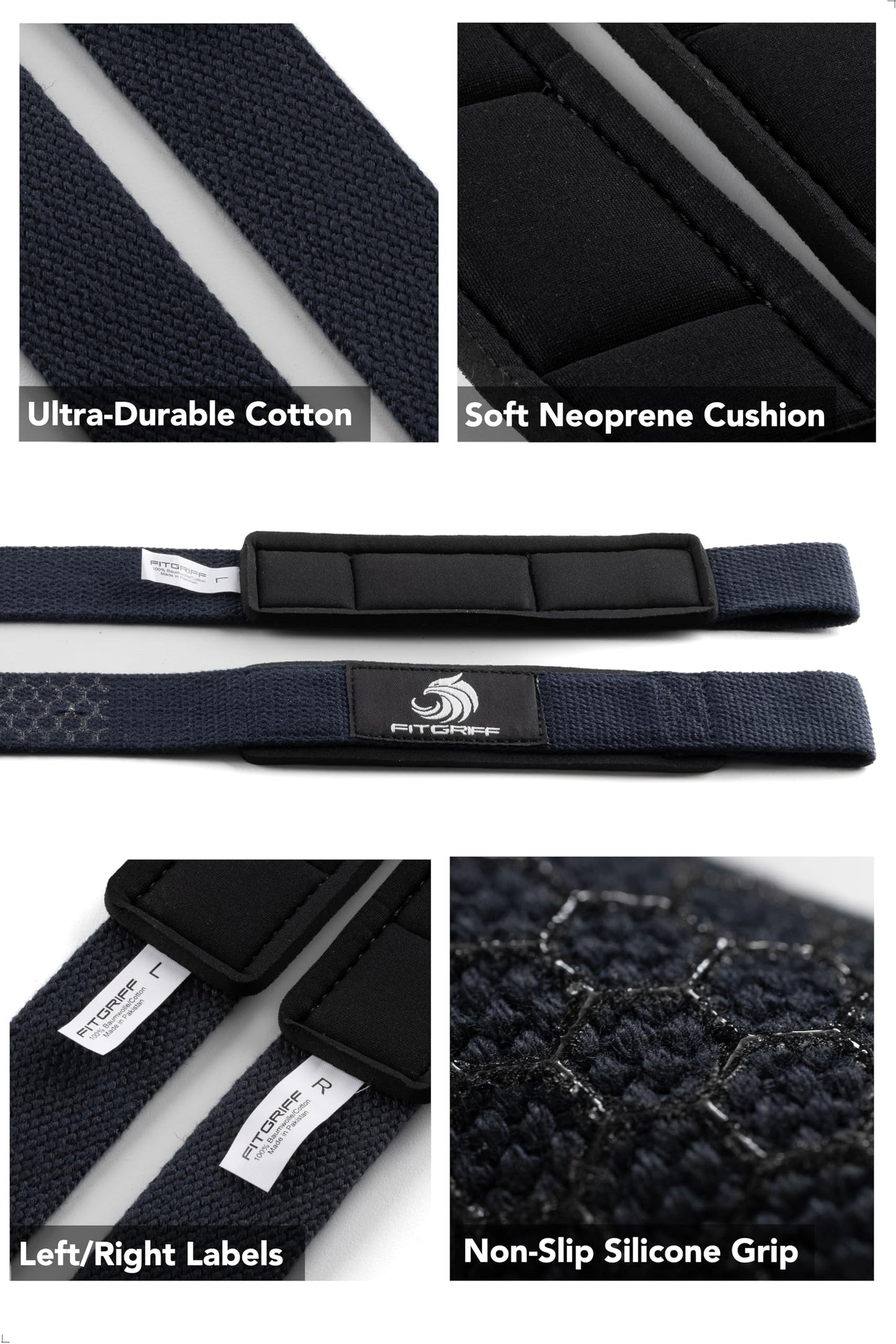 Fitgriff® Lifting Wrist Straps for Weightlifting, Gym, Deadlift, Workout (Made of Premium Cotton & Padded) - Men & Women (Standard, Navy Blue (Silicone-Grip))