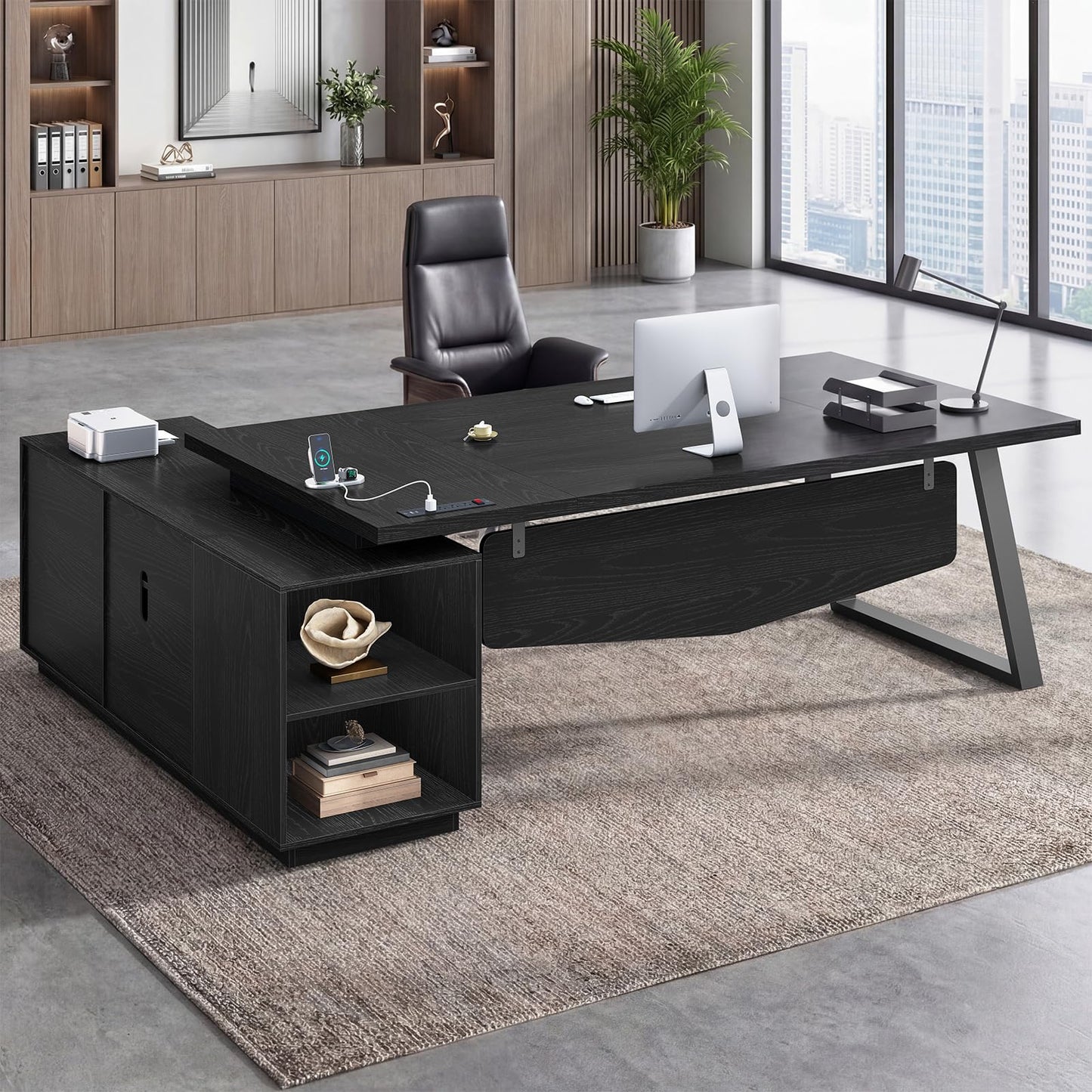 70.3 in L Shaped Executive Desk with Power Outlets, Large Home Office Desk with Storage Drawers & File Cabinet, Modern Computer Desk with Shelves, Black Business Furniture, Square Metal Legs, Black