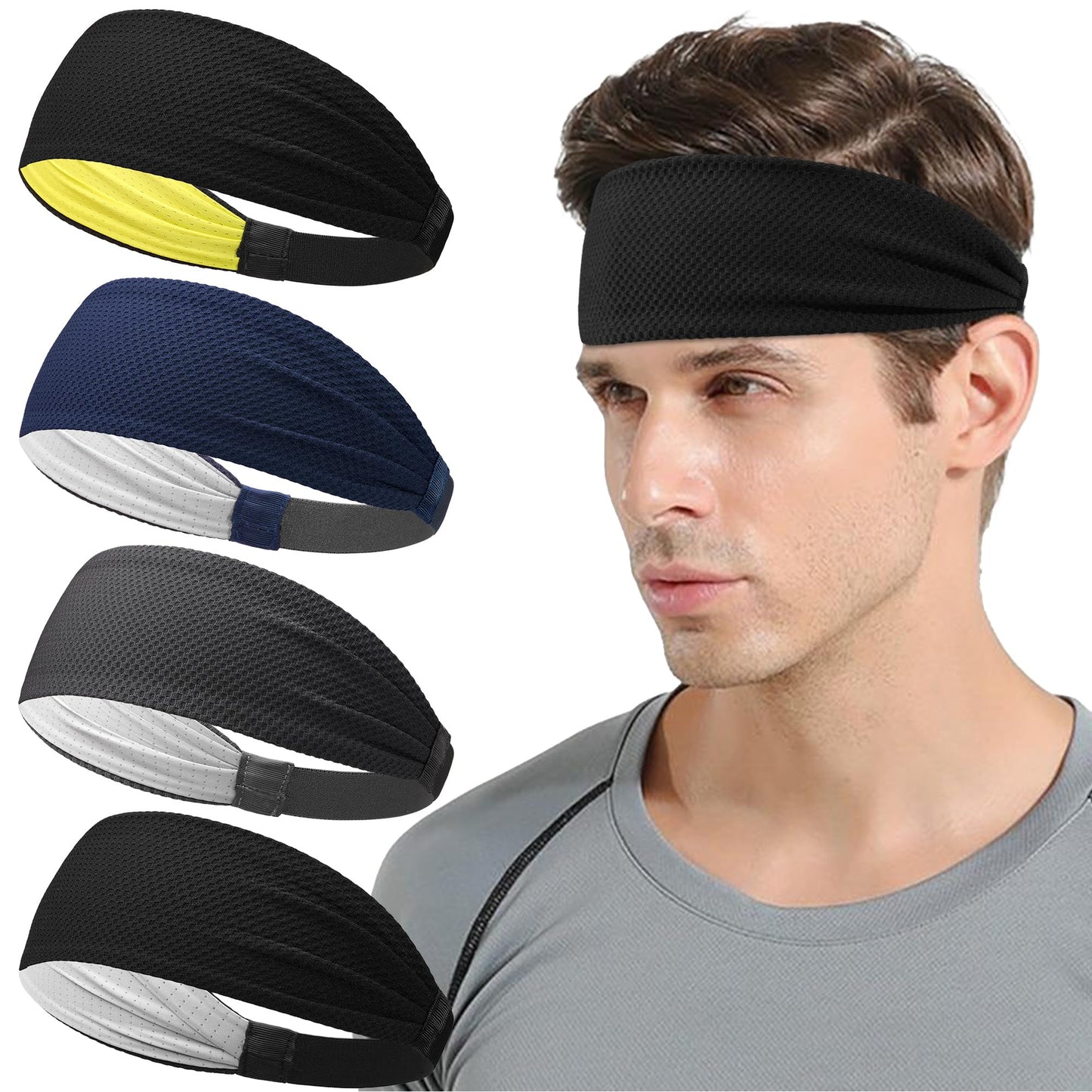 Qearl 4 Packs Cooling Sports Headbands for Men Elastic Workout Sweatbands Moisture Wicking Non-Slip Wide Headbands for Running Cycling