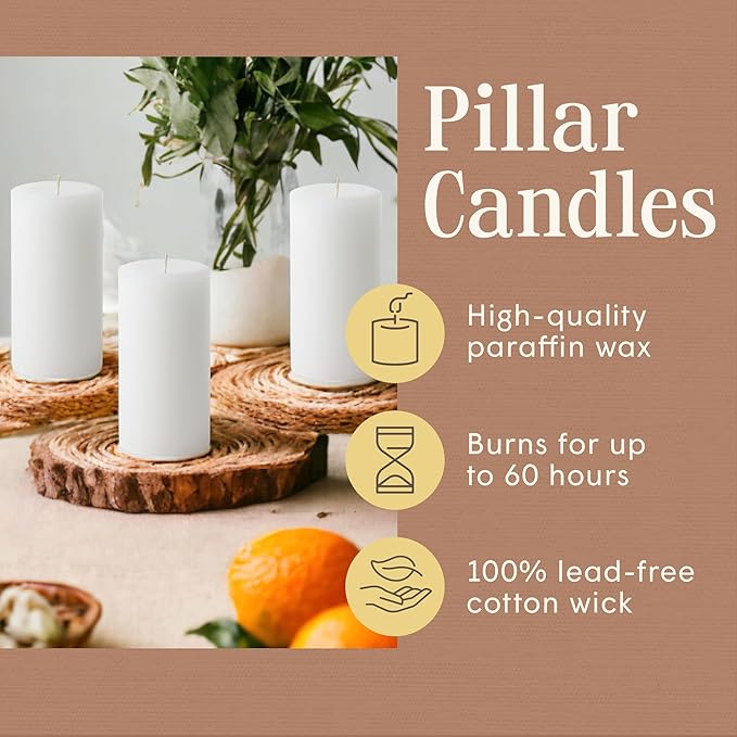 Mister Candle Citronella Candles, Ideal for Outdoor & Indoor, 3x6 Pillar Candles Set of 3, Hand Poured White, Premium Wax & Dripless, 60 Hour Burn Time