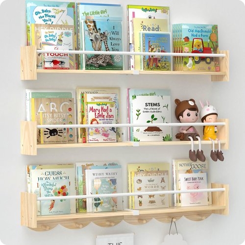 Bidami Nursery Book Shelves 34 inchs, Floating Book Shelves for Wall Nursery, Wall Mount Nursery Shelves Set of 3, Perfect for Living Room, Kids Room, Playroom & Bedroom.
