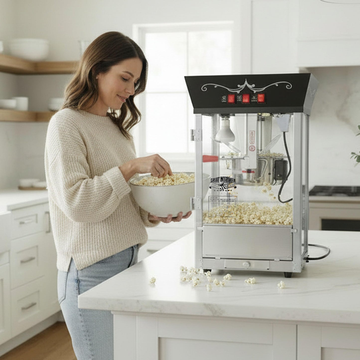 Matinee Popcorn Machine - 8oz Popper with Stainless-Steel Kettle, Reject Kernel Tray, Warming Light, and Accessories by Great Northern Popcorn (Black)
