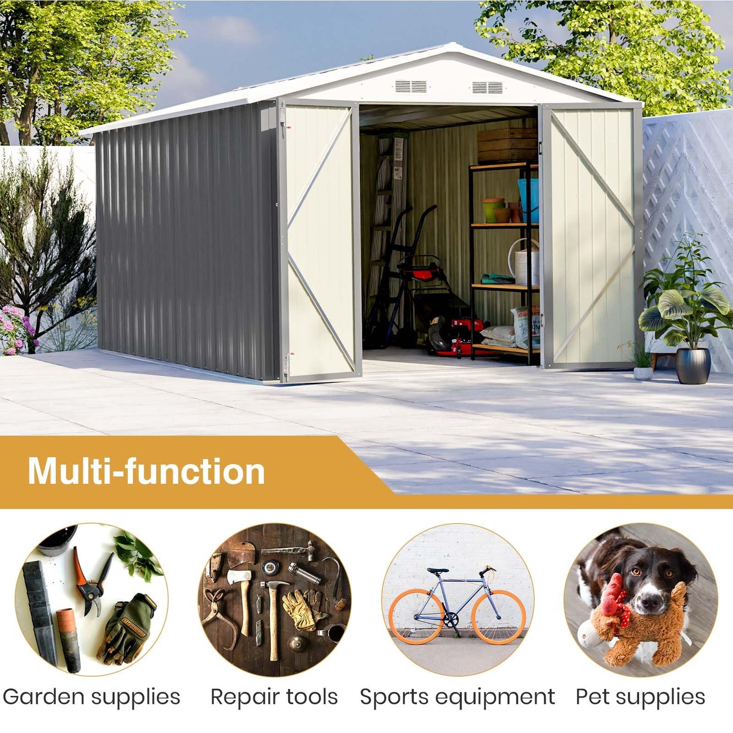 Patiowell 12 x 8 FT Outdoor Storage Shed, Steel Shed Storage House with Design of Lockable Doors, Utility and Tool Storage for Garden, Patio, Backyard, Outside use, Gray