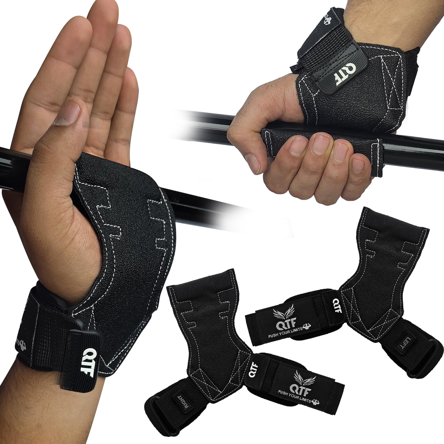 QTF Weight Lifting Grips (Pair) for Heavy Powerlifting, Wrist Straps for Deadlifts, Rows, Pull Ups, with Neoprene Padded Wrist Wraps Support and Strong Rubber Gloves or Straps for Bodybuilding. (Blk-White, L)