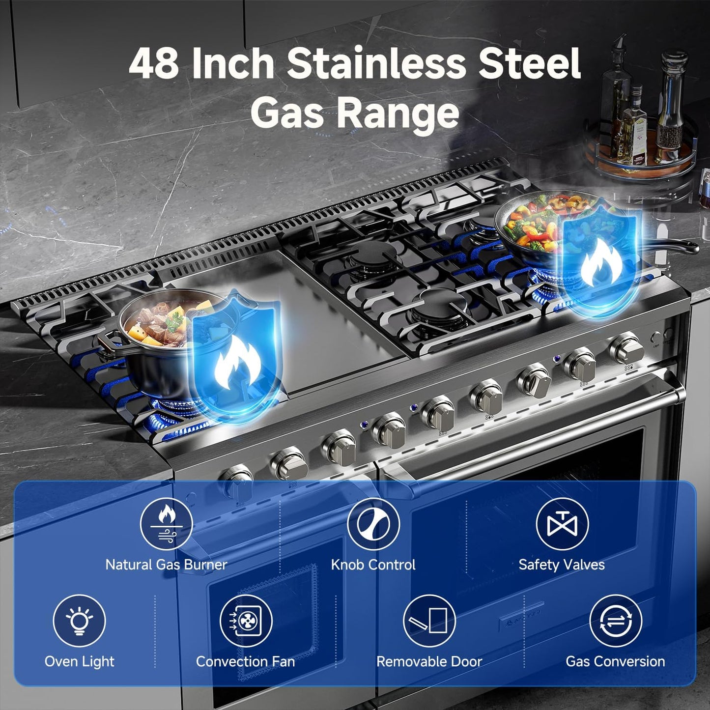 AAOBOSI 48 Inch Freestanding Gas Range Ovens with 6 cu.ft Large Capacity Double Convection Ovens, 6 Sealed Burners Plus Iron Grill Burner, Stainless Steel Gas Range Stove