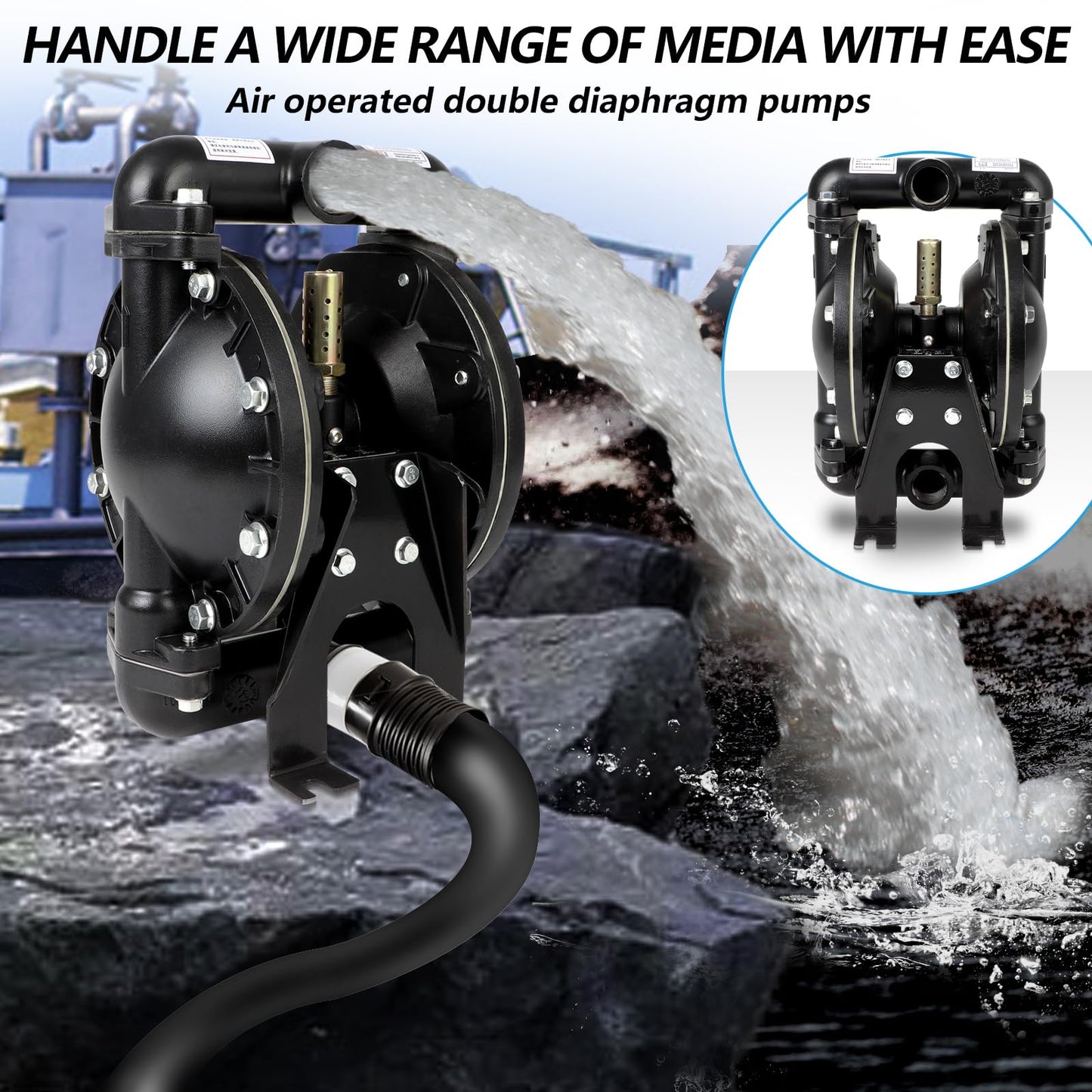 FAHKNS 35GPM 120PSI Air-Operated Double Diaphragm Pump QBY4-25L 1 Inlet Outlet Port For Environmental Protection Drainage Construction Petroleum Chemical Pharmaceutical Electric Power