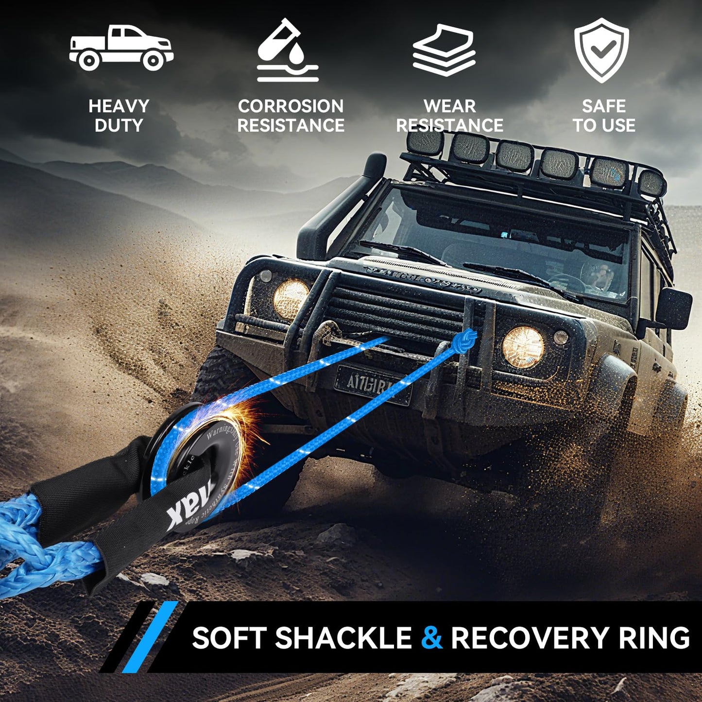 Soft Shackle & Recovery Ring Kit, 2PCS Blue Soft Shackle Recovery (56,000lbs Max Breaking Strength) 1/2'' x 22'' with Black Snatch Recovery Ring for ATV UTV SUV Truck Off-Road Vehicle Recovery