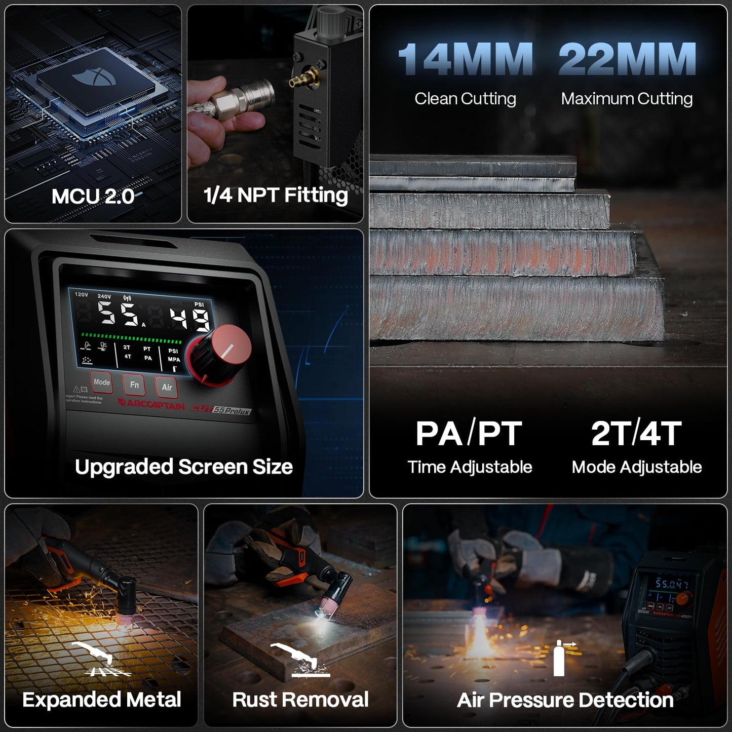 ARCCAPTAIN iControl CUT55 Prolux Plasma Cutter Machine, [APP Control] 55 Amp Non-Touch Pilot Arc, 120V/240V, Upgraded LED Display, Expanded Metal, Rust Removal, Air Pressure Detection for Home DIY