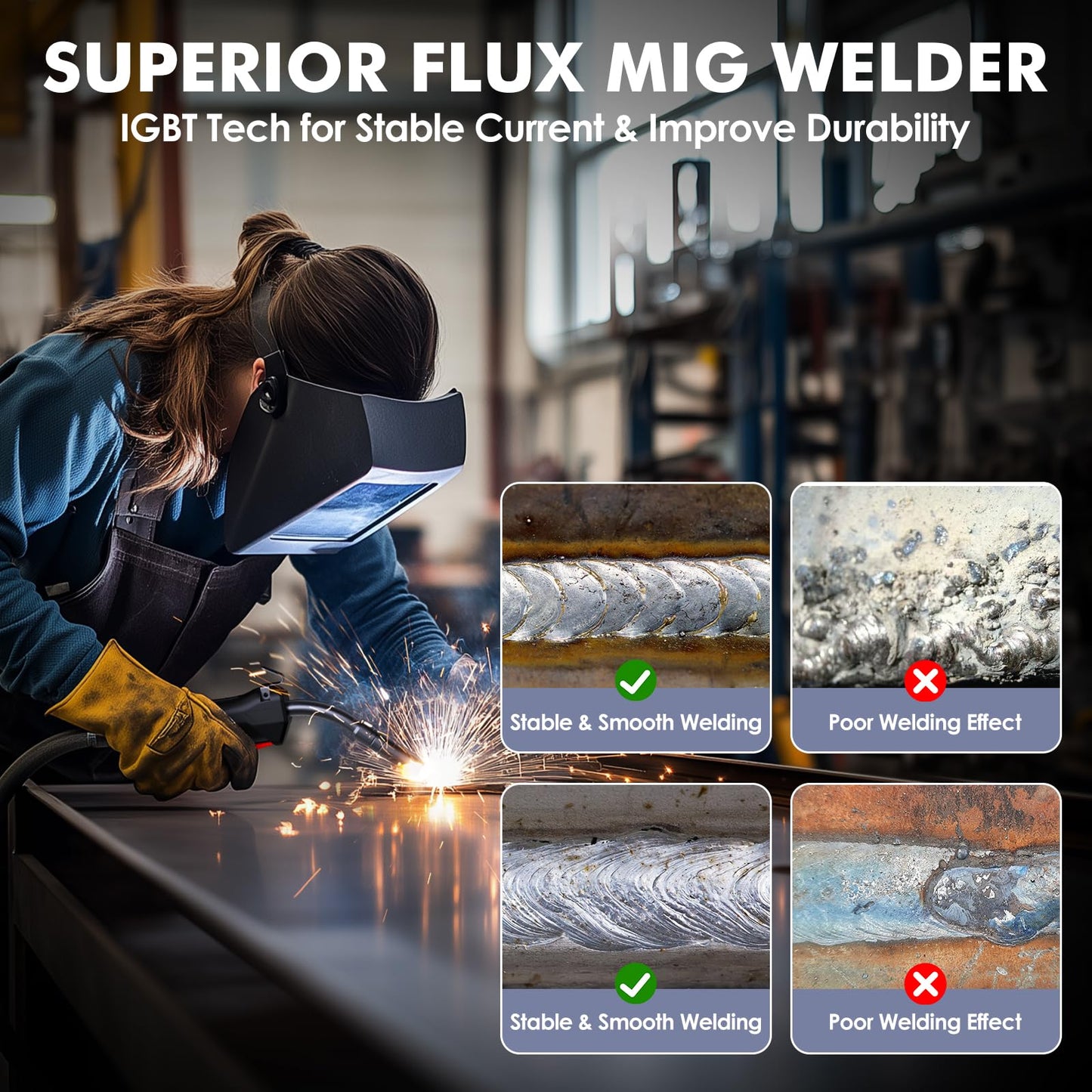 140A MIG Welder, MIGVAN 110V Flux Core MIG/Stick/Lift TIG 3 in 1 Welding Machine with Large LED Digital Display, IGBT Inverter Portable Gasless Welder with Welding Gun and Flux Core Wire