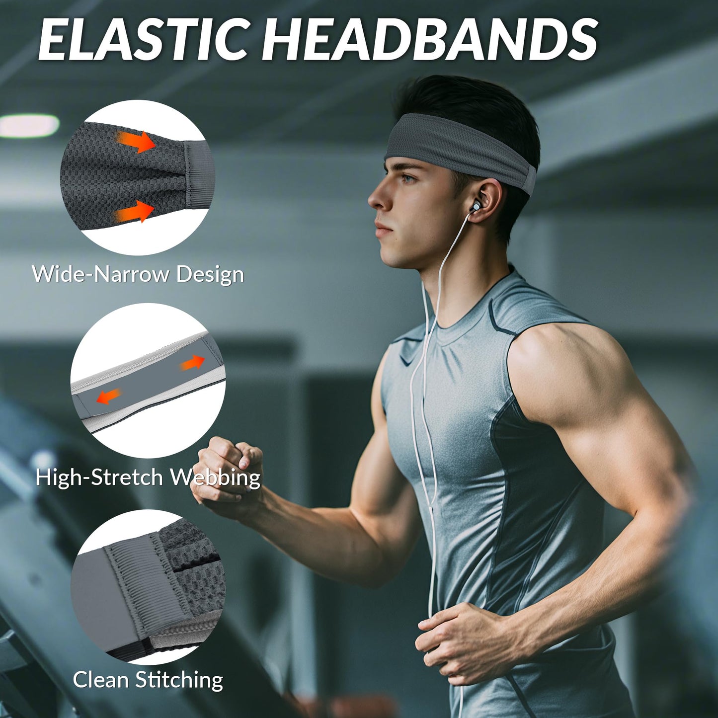 Sukeen Sports Headbands for Men 4 Pack, Moisture Wicking Sweat Bands Headbands Non-Slip, Breathable Elastic Sweatband, Running Headband for Yoga Tennis Fitness Workout, Black/Dark Gray/Dark Blue/Gray