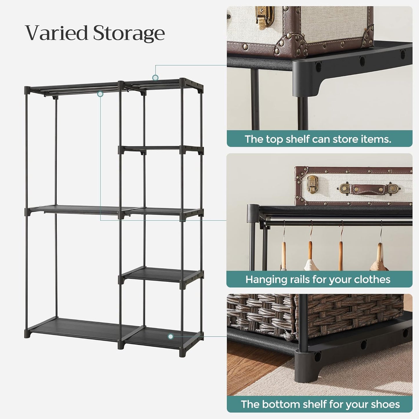 SONGMICS Portable Closet - Freestanding Clothes Organizer with Shelves & Hanging Rods | Black, 44.1 x 16.9 x 65 Inches