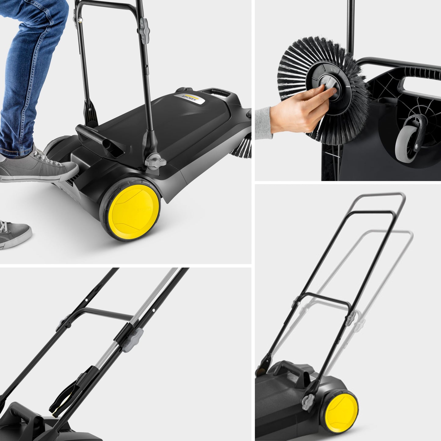 Kärcher Walk Behind Outdoor Push Sweeper S 4 Twin Go!Further for Workshops, Sidewalks, Driveways or Garages with Debris Grabber 5.25 Gallon Capacity, 26.8" Sweeping Width