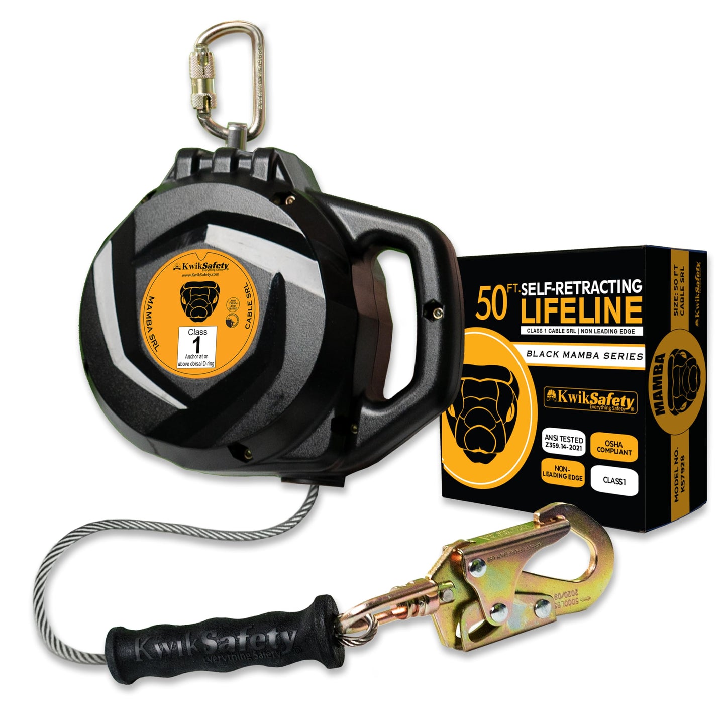 KwikSafety - Charlotte, NC - Mamba 50’ Self Retracting Lifeline [Carbonate + Integrated Handle] Class 1 Cable SRL ANSI OSHA Retractable Fall Arrest Safety Roofing Construction Gear