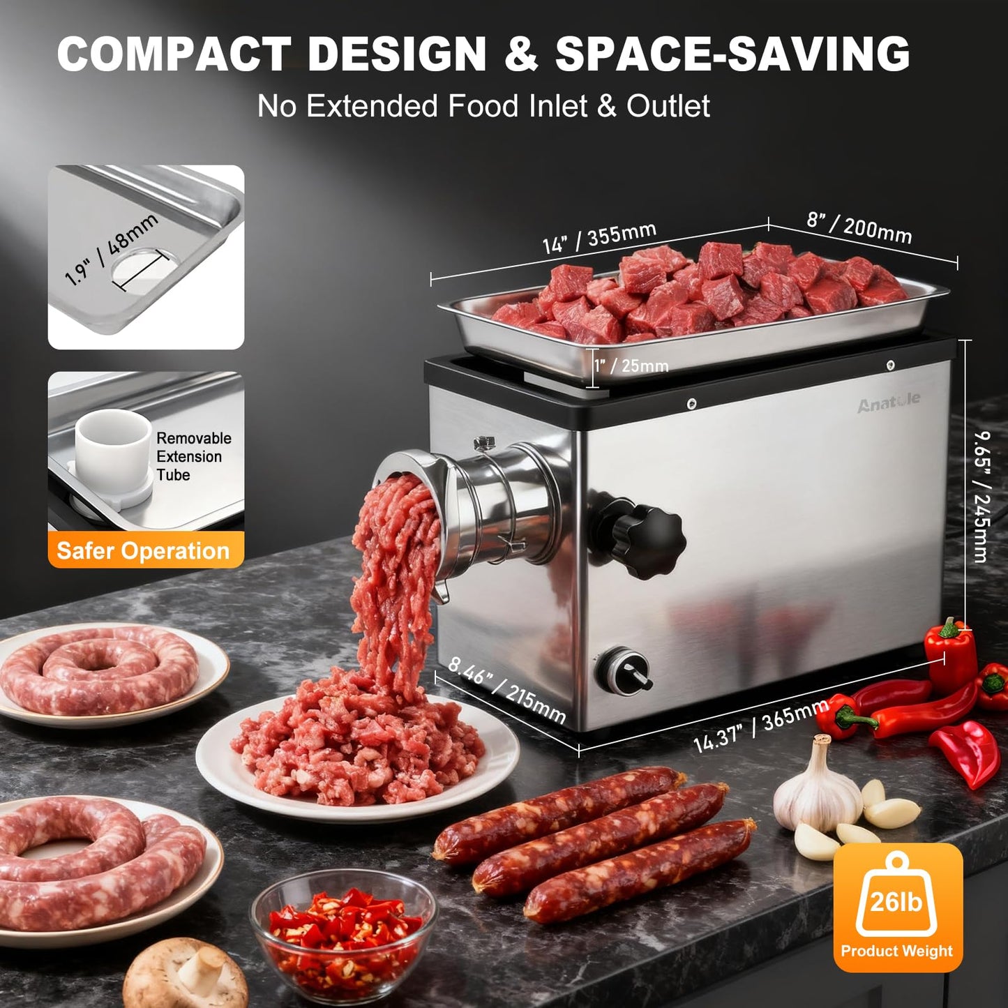 Anatole Commercial Electric Meat Grinder 1.3 HP 950 W Heavy Duty Meat Bones Mincer Stainless Steel Sausage Stuffer with 4 Grinding Plates 2 Blades for Restaurant Hotel 110V