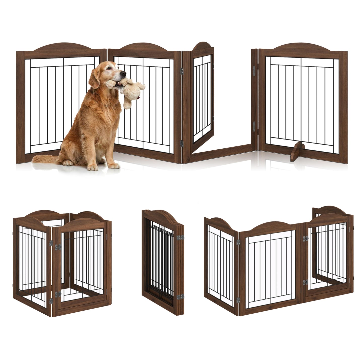 Vantas Folding No-Assembly Dog Door Pet Gate 96" Wide, 30" Tall Wooden Dog Gate with Door Walk Through, Freestanding Wire Pet Gate, Pet Puppy Safety Fence, with 2PCS Support – Brown