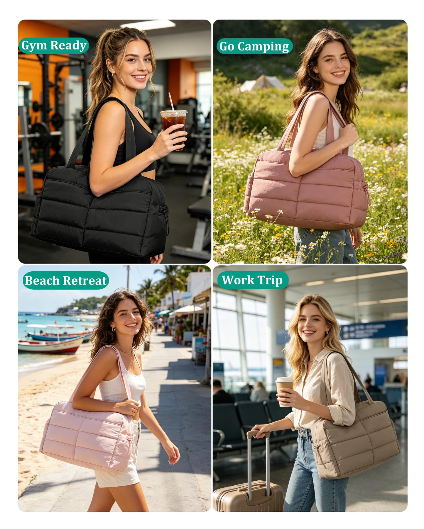 BAGSMART Gym Bag for Women, Lightweight Puffer Duffle Bag 2-PC Travel Bag, 31L Weekender Overnight Bag Quilted Carry On Tote Bag, Diaper Hospital Dance bag for Travel, Gym, Water Resistant, Camel