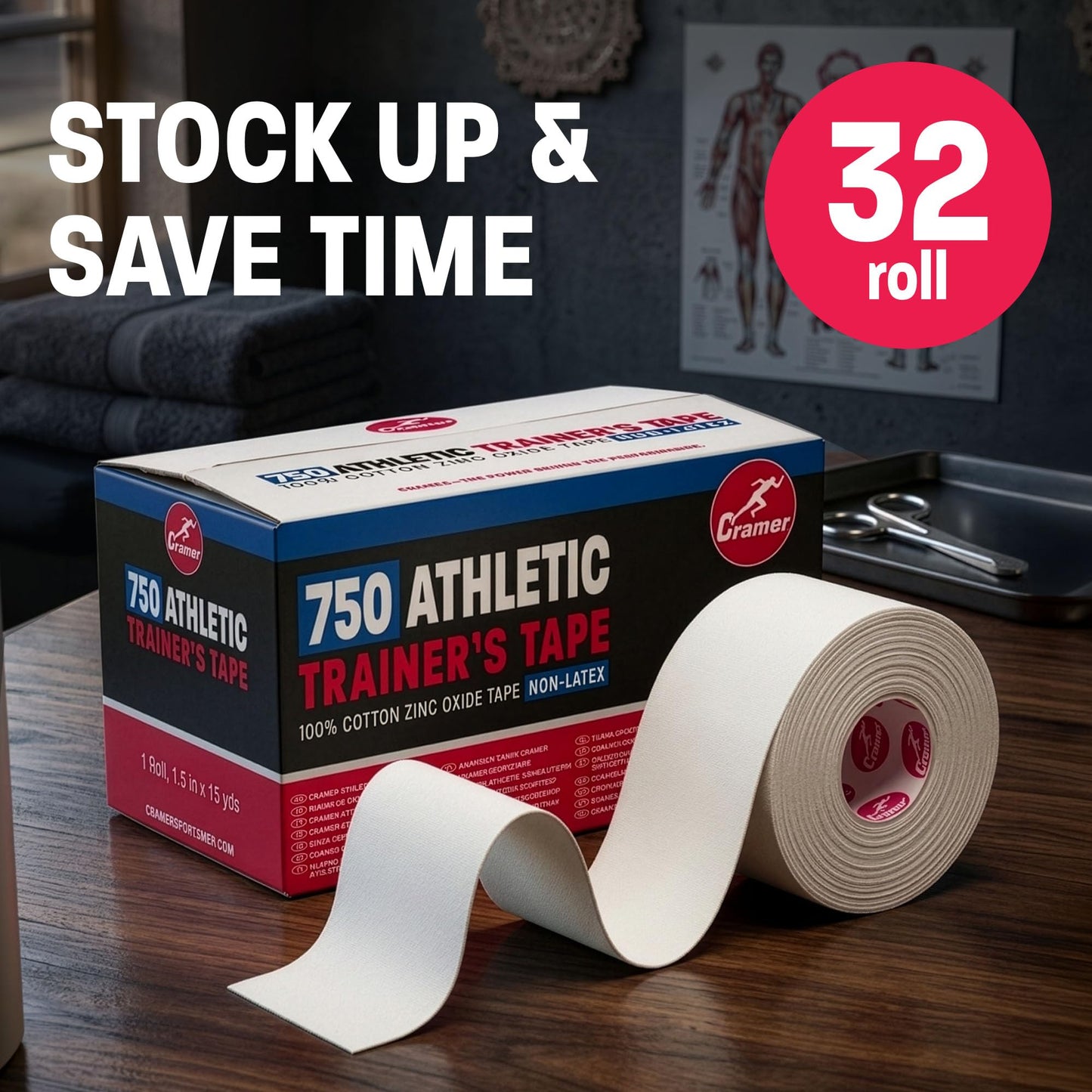 Cramer Team Color Athletic Tape, White, Latex-Free, 1.5" x 15yds, 32 Roll Bulk Case, Tearable Sports Tape for Wrists, Ankles, Baseball, Training, Strong Athletic Wrap for Athletes & Trainers