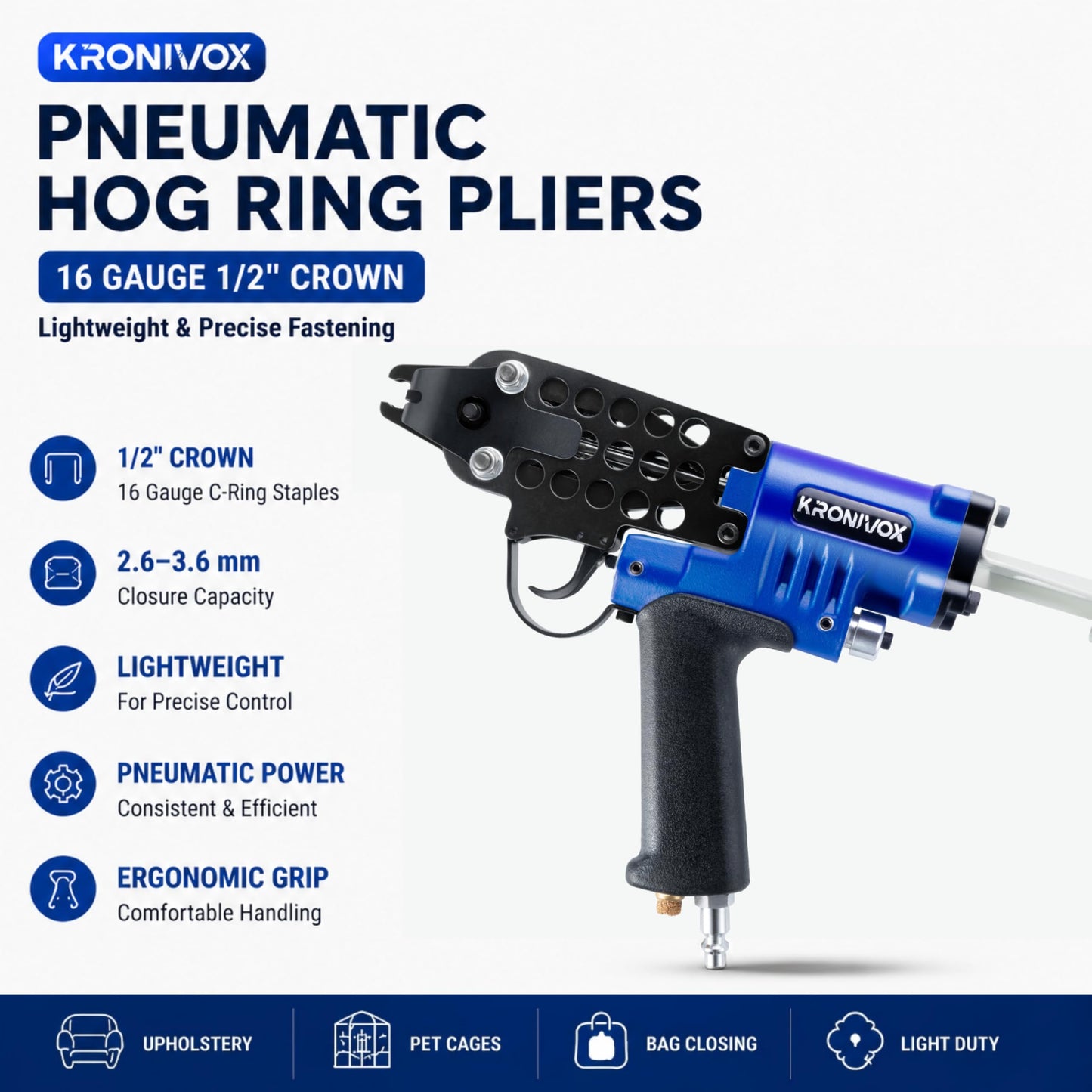 Kronivox Pneumatic Hog Ring Pliers, 16-Gauge 1/2" Crown C-Ring Stapler, 2.6–3.6 mm Closure, Lightweight Hog Ring Gun for Upholstery, Pet Cages & Bag Closing