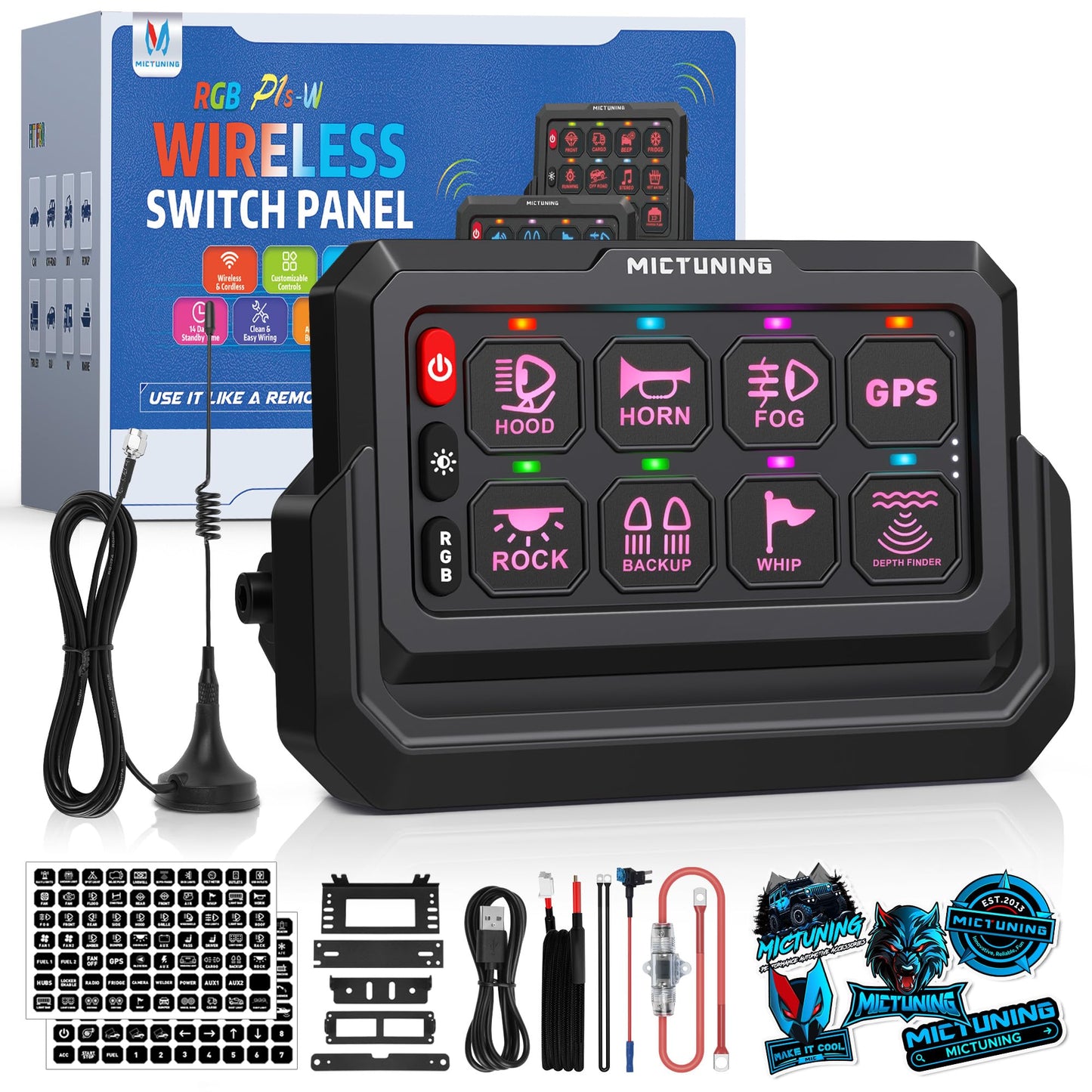 MICTUNING P1s-W 8 Gang RGB Wireless Switch Panel, 328FT 433MHz Remote Range, Up to 4-Panel Sync, Multi-Function Backlit Toggle/Pulsed/Momentary/Strobe Control for Offroad Trucks & Cars, Plug and Play