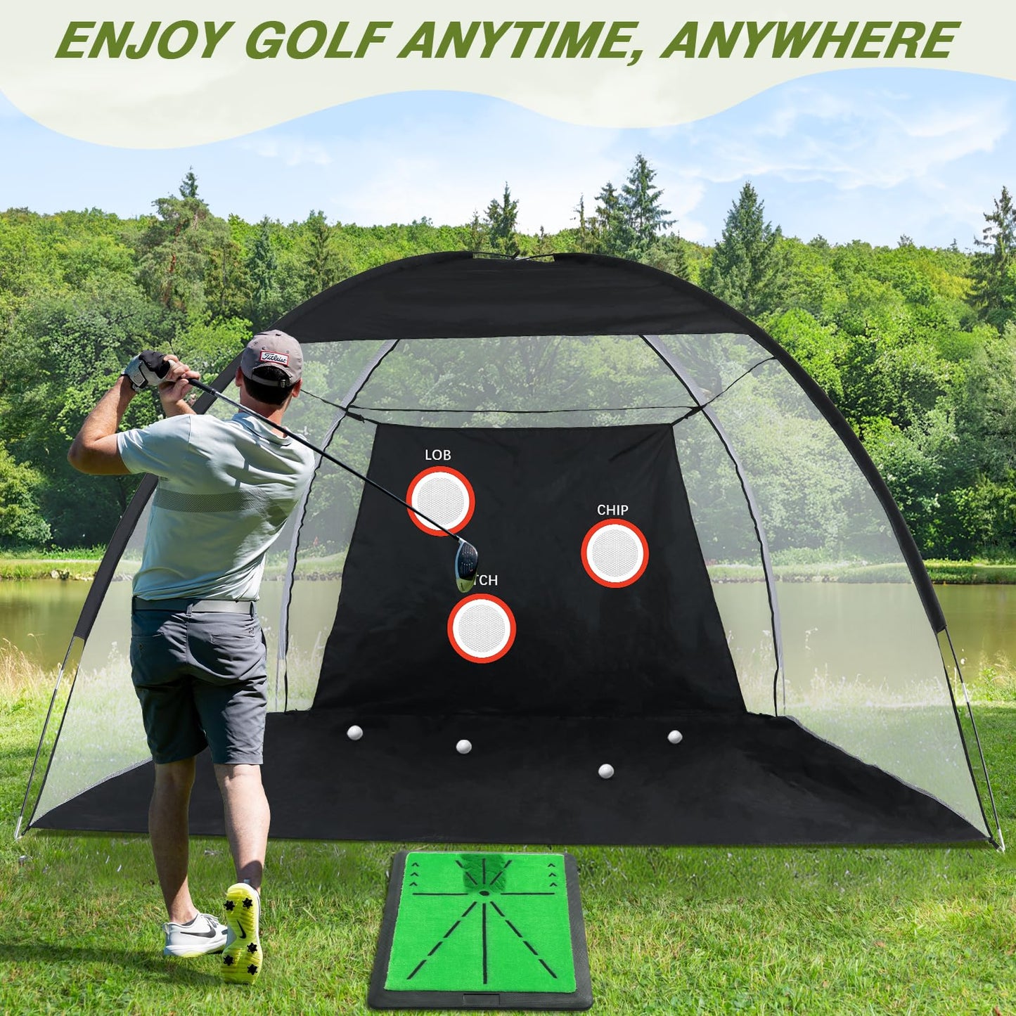 Golf Net, 10x7FT Golf Practice Net with Swing Mat, Golf Hitting Net for Backyard Driving, Indoor/Outdoor Training Chipping Aid Nets with Targets, Gifts for Men/Dad/Him