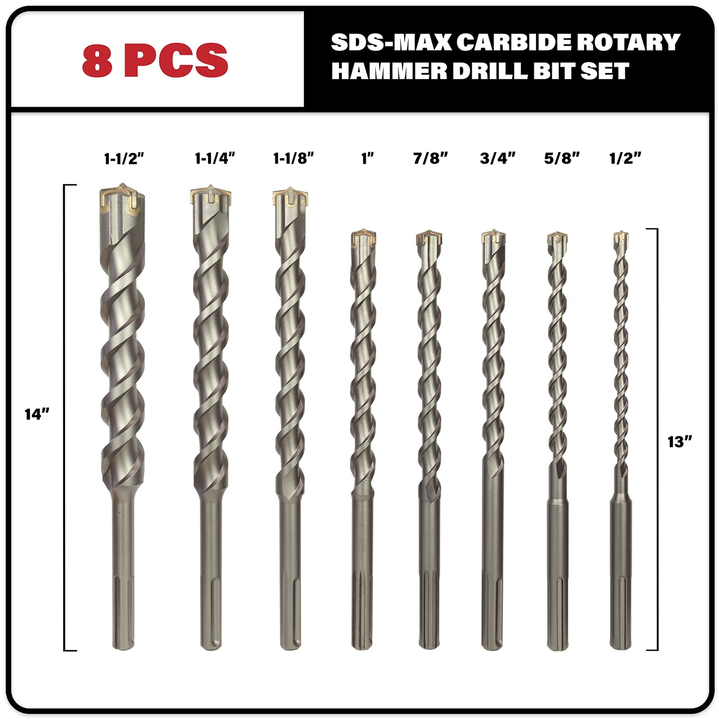 Sabre Tools - SDS Max Drill Bits Set for Brick, Stone, Concrete, 1/2in x 13in, 5/8in x 13in, 3/4in x 13in, 7/8in x 13in, 1in x 13in, 1-1/8in x 14in, 1-1/4in x 14in, 1-1/2in x 14in (8-Piece Set)