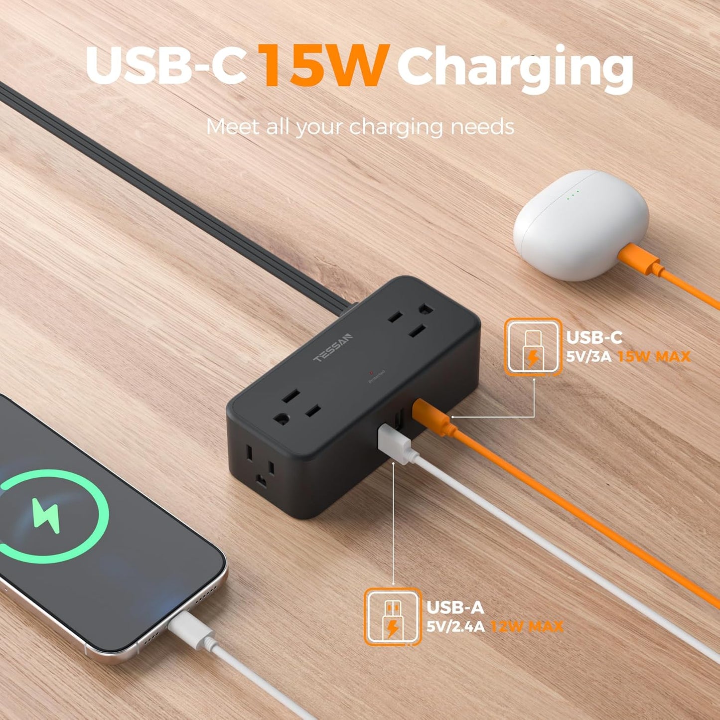 TESSAN 5 4 1 2 900 Flat Plug Extension Cord FT, Surge Protector Power Strip with AC Outlets USB C and USB A Ports