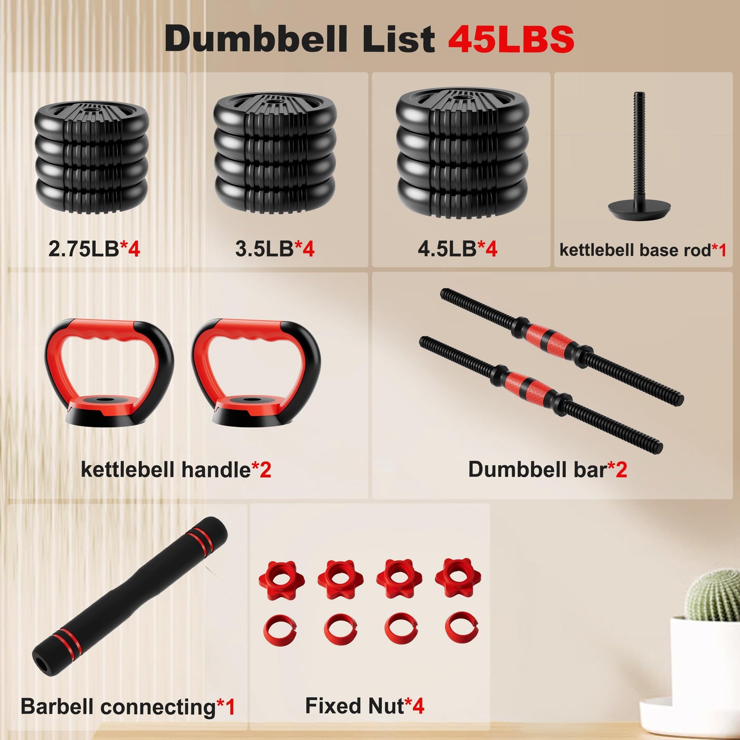 SCEPKN Adjustable Dumbbell Set, 10/20/30/45/70/90lbs Free Weight Set with Connector, 5 in1 Dumbbells Set Used as Barbell, Kettlebells, Push up Stand,Weight Plate, Fitness Exercises for Home Gym Suitable Men/Women