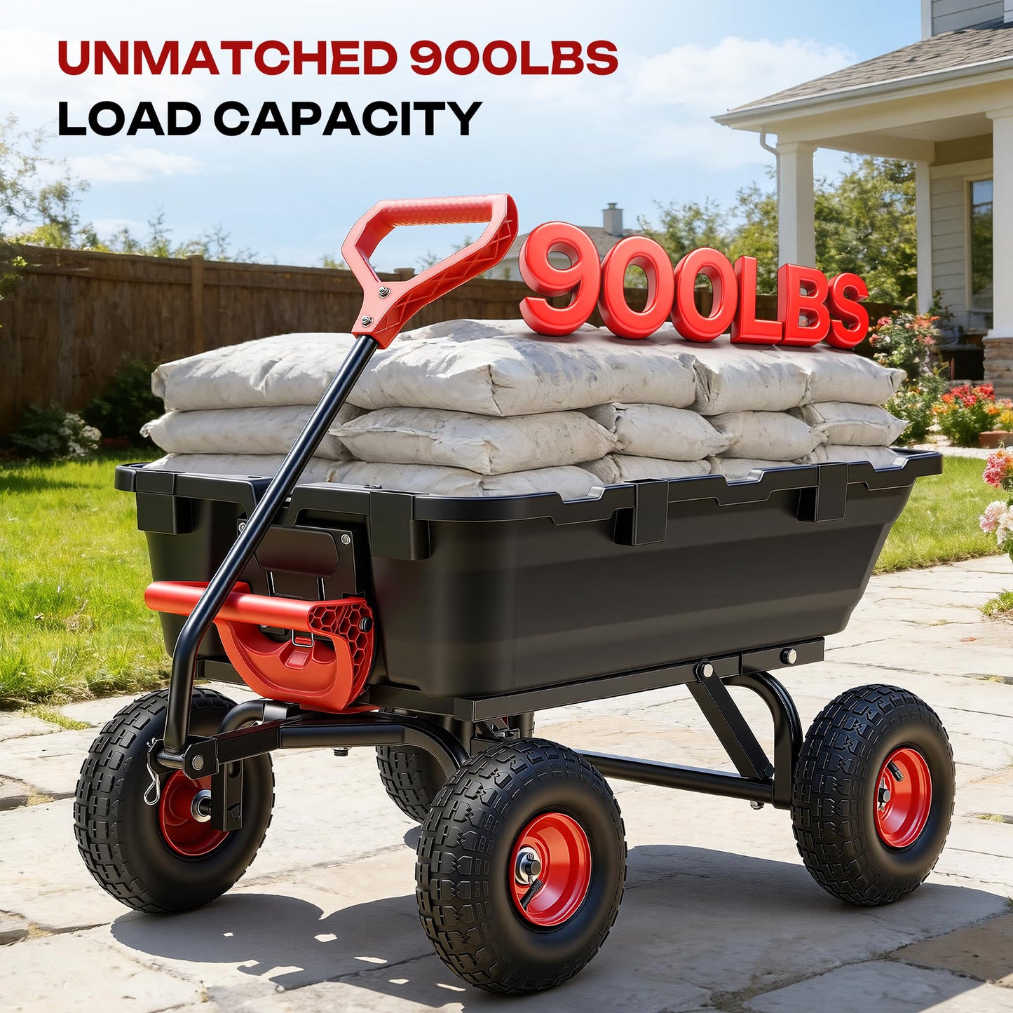 Autodaya 900LB Garden Dump Cart, 2026 Upgraded Heavy Duty Wheelbarrow Cart with 10" Non-Slip Pneumatic Tires & Quick-Release System, 4-Wheel Steel Frame Wagon for Transportation in Yard, Farm, Garden