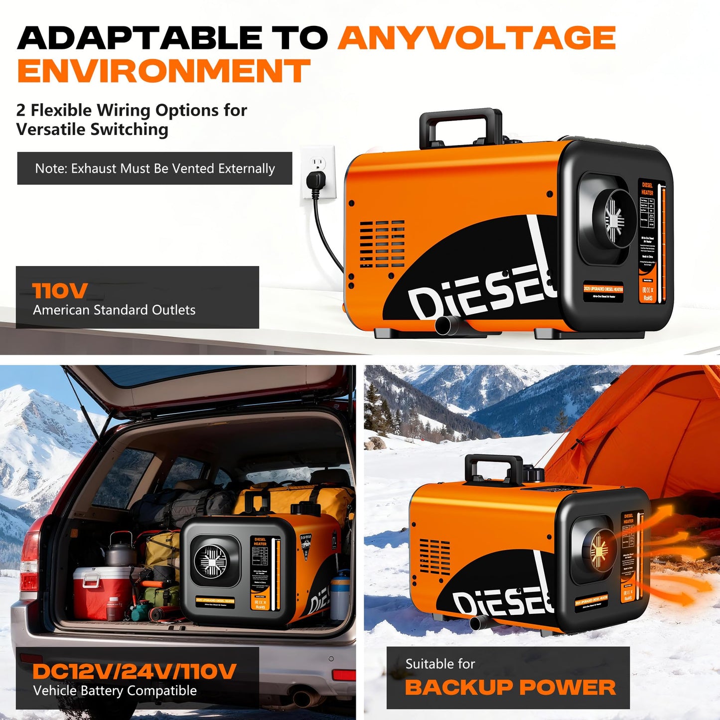7L Large Diesel Heater, 8KW 240V/110V/12V/24V All in One Diesel Air Heater with LCD Switch, Remote Control, Suitable for Truck, RV, Home, Car, Campers, Boat, Orange