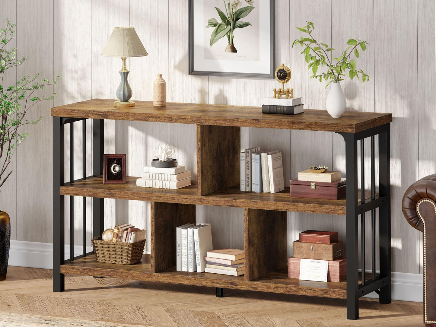 IBF Farmhouse 3 Tier Open Book Shelf, Wood and Metal 5 Cube Storage Organizer, Modern Low Horizontal Bookshelf for Bedroom Living, Long Wide Office Cubby Bookcase with Storage, Rustic Brown, 47 Inch