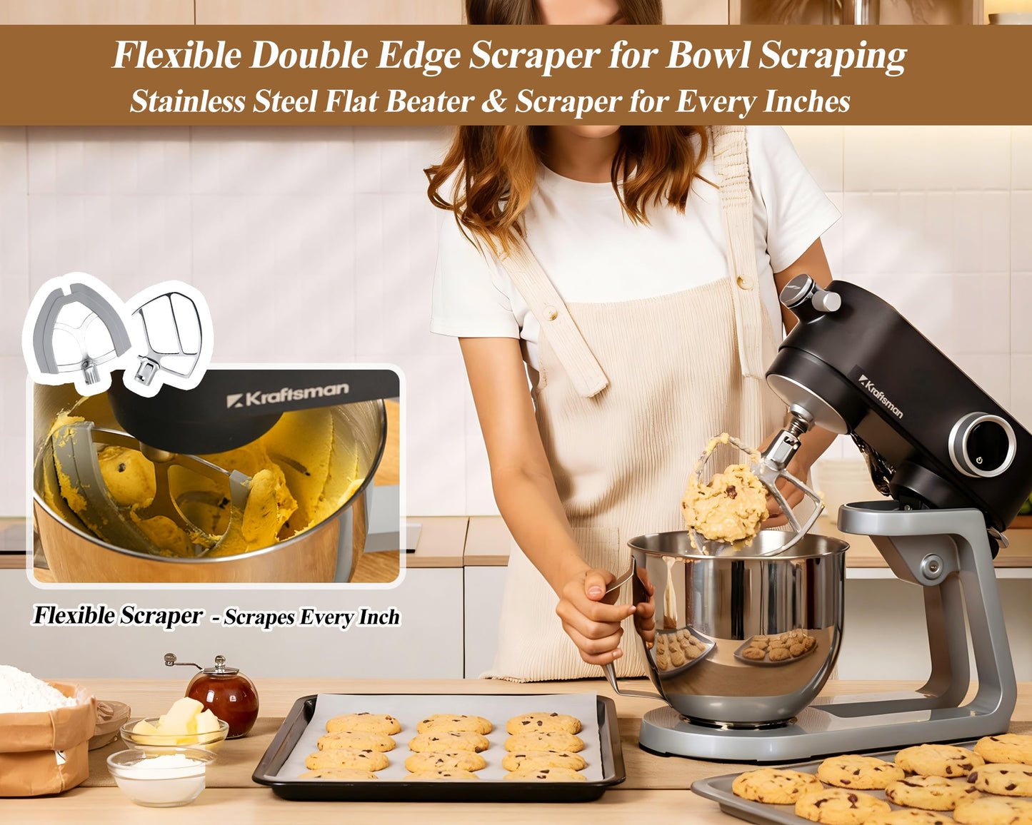 Kraftsman All Metal Stand Mixer DC Motor - Heavy Duty Dough Mixer 5.3 Quart with 4 Stainless Steel Attachments, Quiet Operation with Timer, Verstile Standing Mixer with Power Hub, 8-Speed (Black)