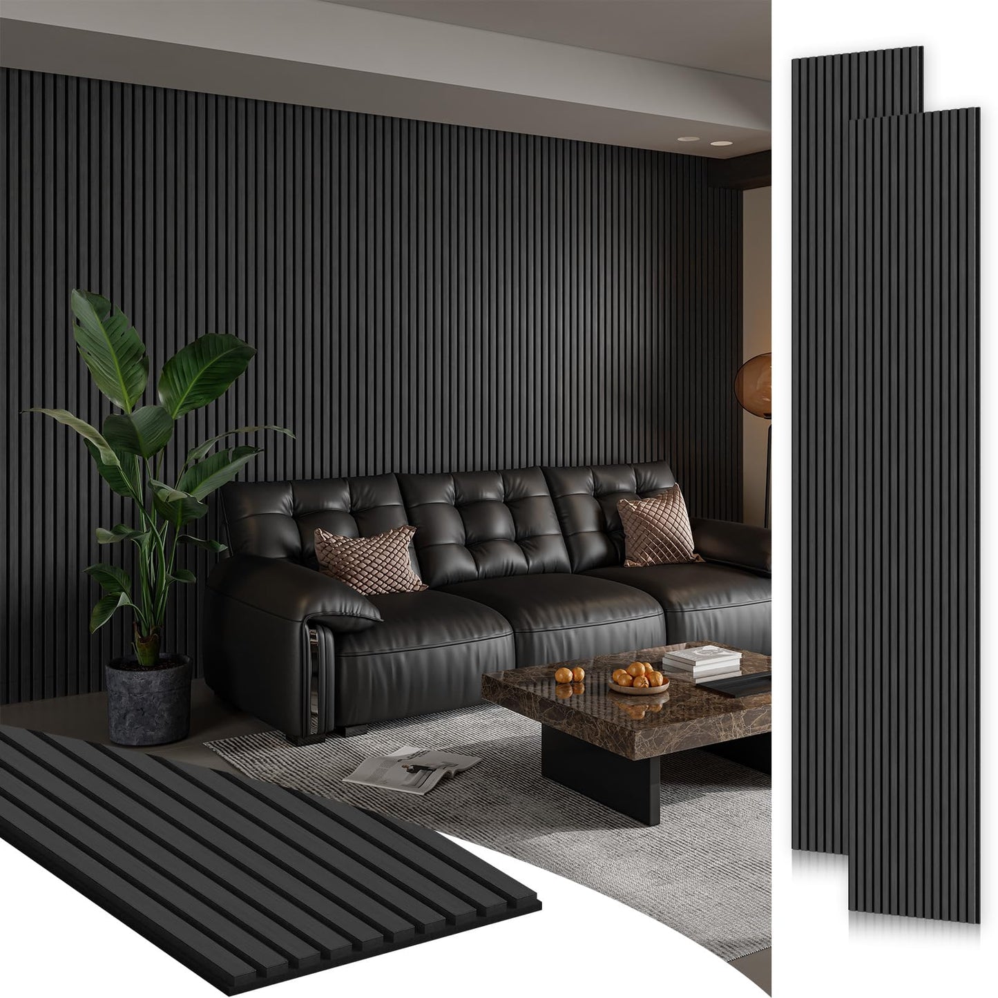 SMARTSTANDARD 2 Pack 105.9" x 20.5" Wood Slat Wall Panels, Soundproof Wooden Wall Panels, 3D Fluted Wood Panels for Interior Wall Decor, Dark Gray