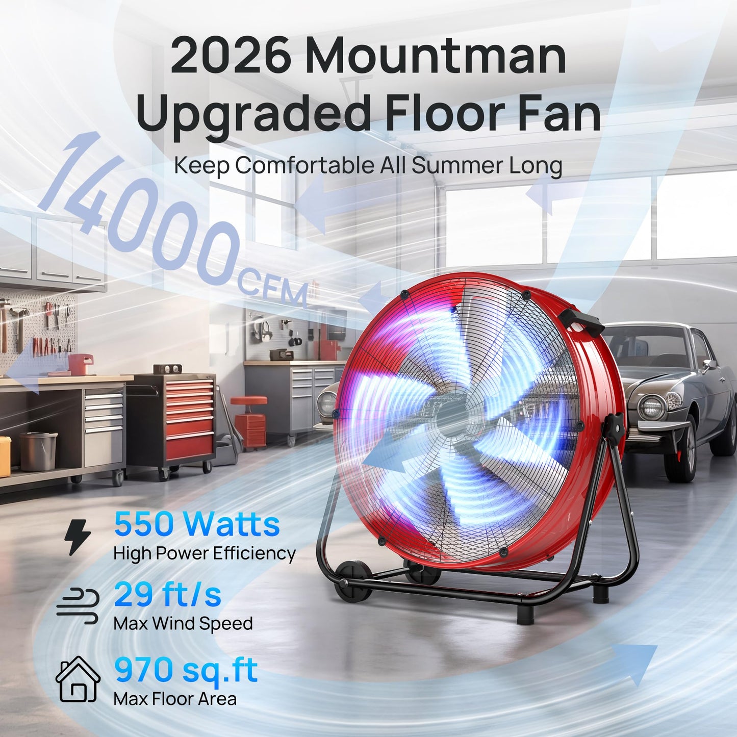 Mountman 30" High Velocity Floor Fan, 14000CFM Heavy Duty Industrial Drum Fan, 360° Tilt with 2 Casters, 550W, 3 Speeds, Handle, Outdoor Metal Shop Fan for Garage, Factory,Patio,Basement, Commercial
