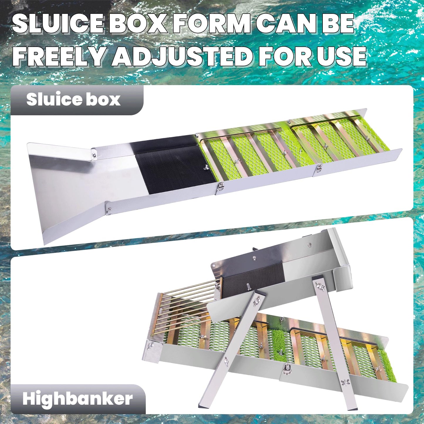 3 in 1 Highbanker Gold Panning Kit, Deformable 50" Folding Gold Sluice Box, Portable Mining Equipment for Adults, 34pcs Includes Gold Pan, Classifier Screen, Magnet, Backpack & Accessories