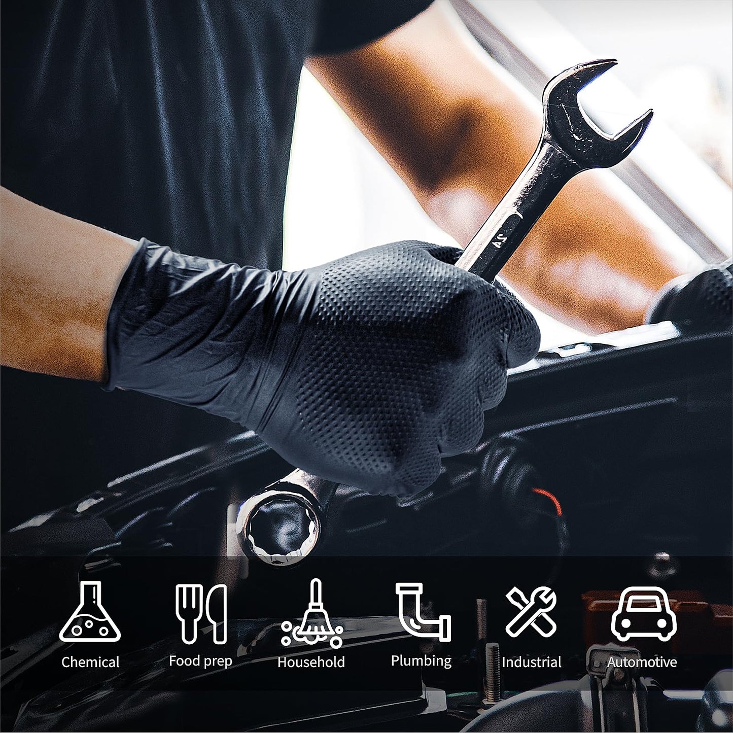 ANBOSON Black 10 Mil Nitrile Gloves, Diamond Textured Grip, Extra Thick Heavy Duty Disposable, Latex-Free, Tear & Chemical Resistant, Multipurpose Gloves for Kitchen, Cleaning, Medium