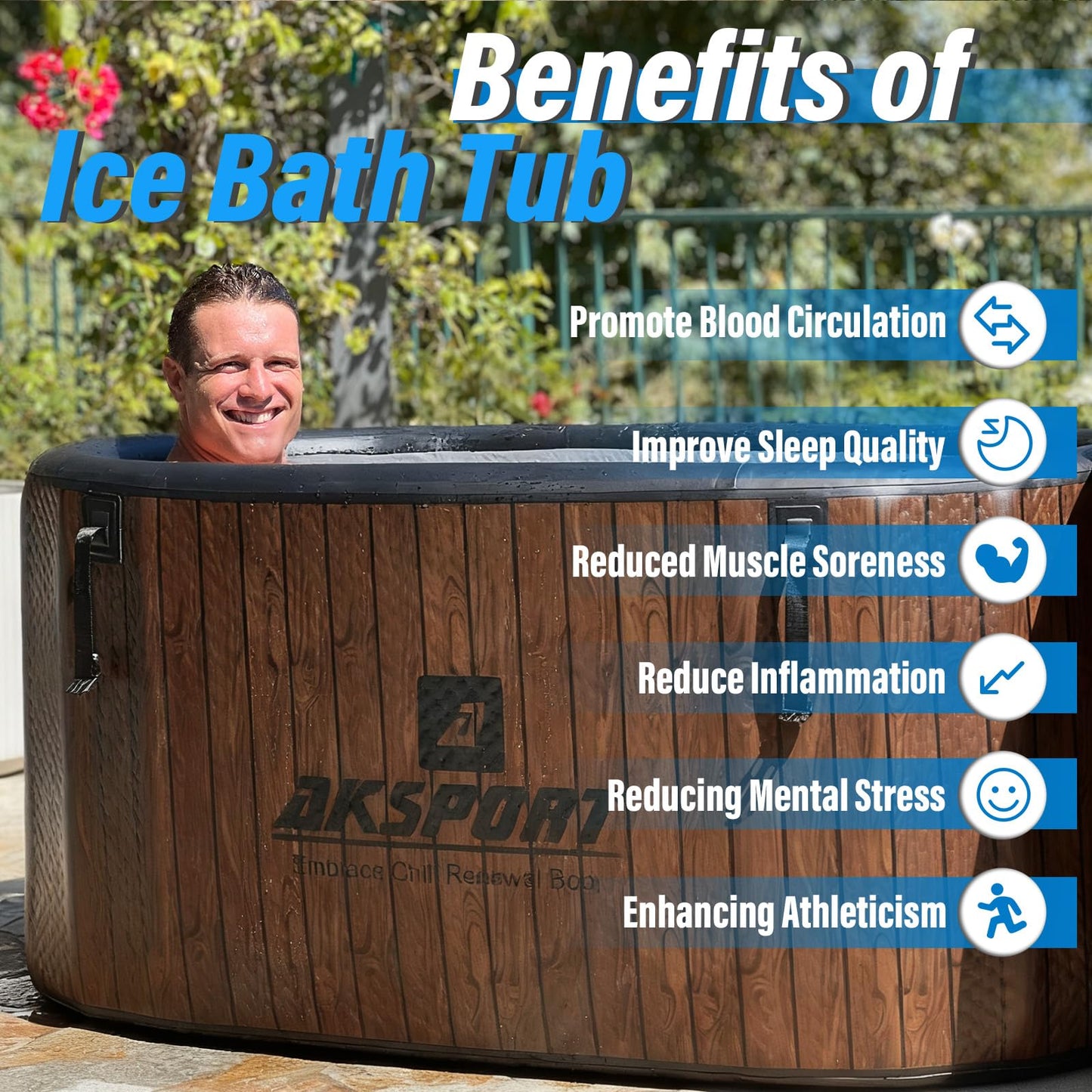 AKSPORT Ice Bath Tub for Athletes, 151 Gallons Inflatable Cold Plunge Tub Compatible with Water Chillers, Icebath for Recovery & Cold Water Therapy, Portable Bathtub for Indoor & Outdoor-Wood