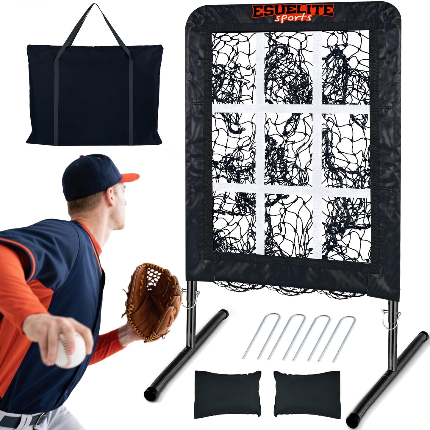 9 Hole Pitching Net with Strike Zone, Baseball Pitching Target, Softball Pitching Net, Portable Pitcher Training Equipment Height Adjustable（Black）