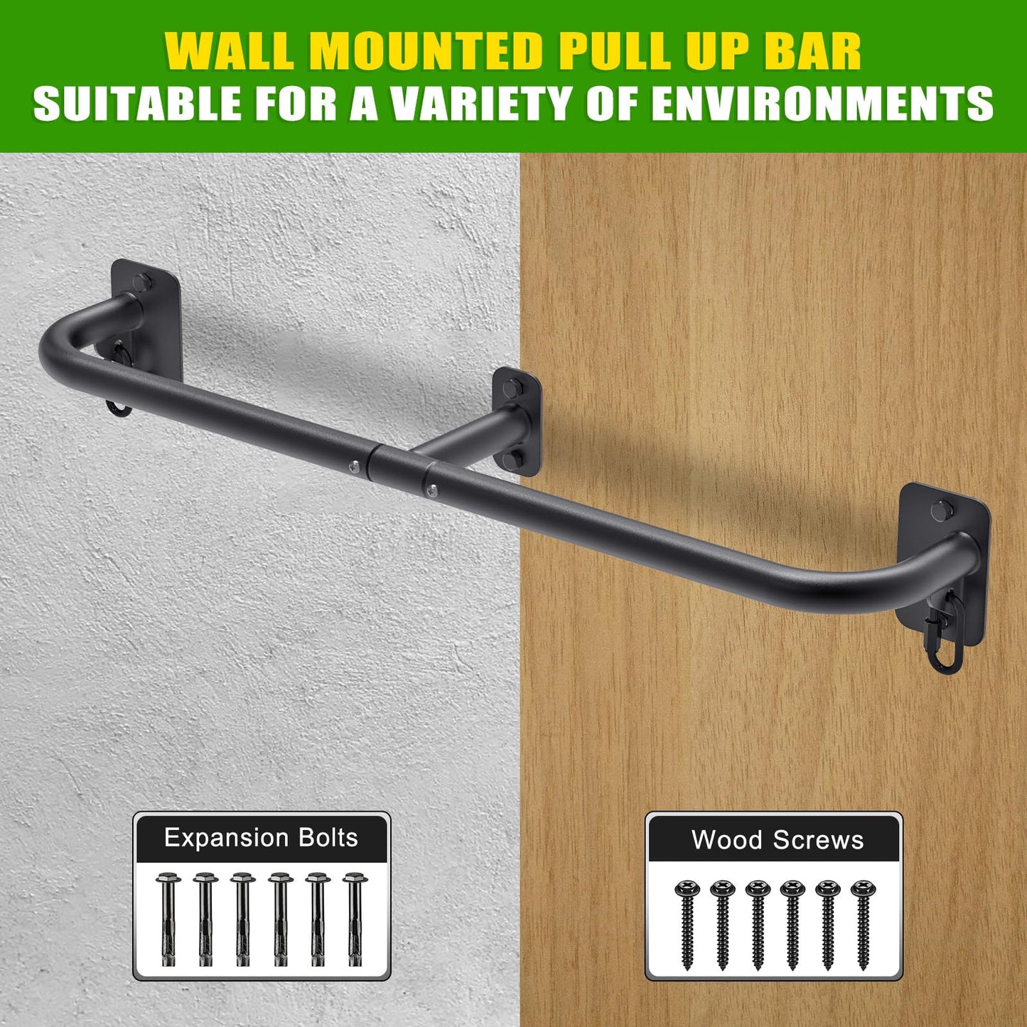 SELEWARE Heavy Duty Wall Mount Pull Up Bar, 450LB Capacity Joist Mount Chin Up Bar for Doorway, Sturdy Steel Construction, w/Resistance Band Hooks, Fits 32" Wall Studs for Home Gym Strength Training