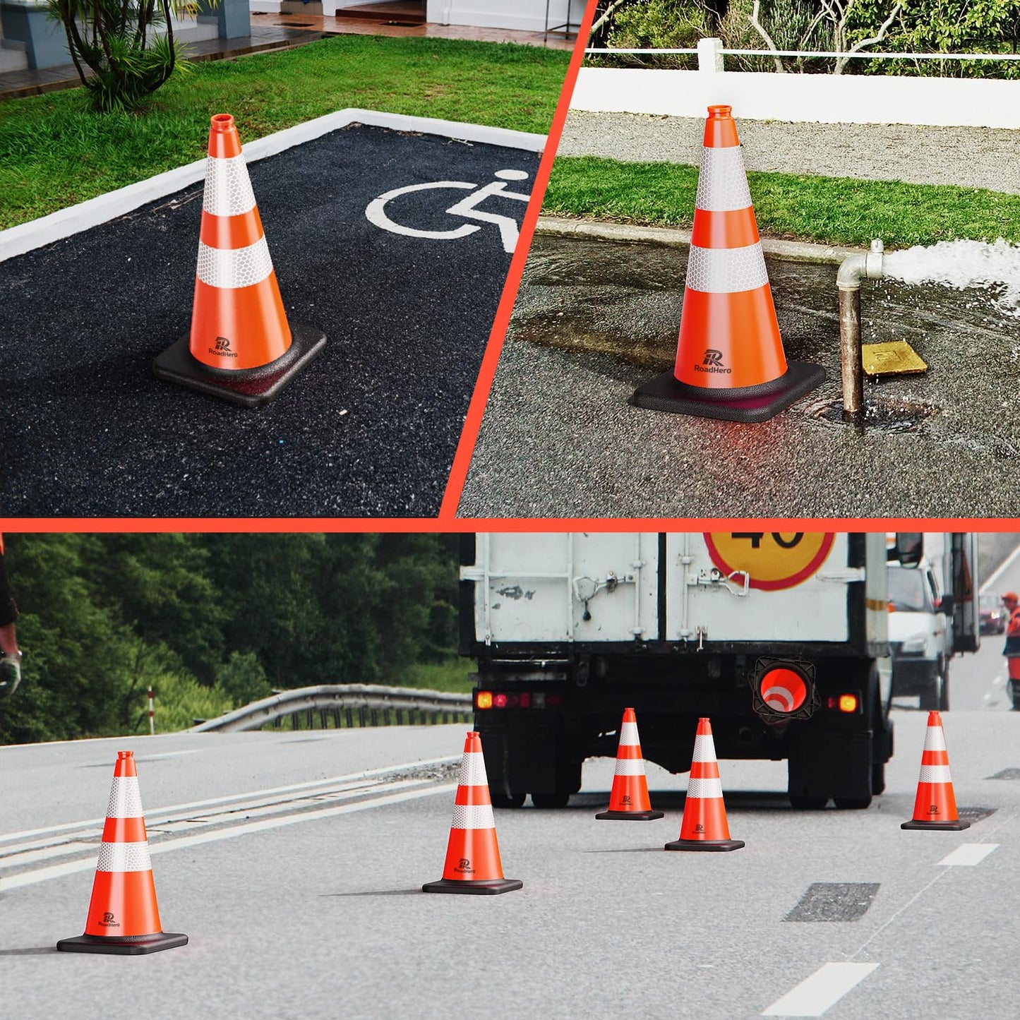 RoadHero 12 Pack Traffic Safety Cones 28 Inch, PVC Cone with Black Weighted Base, Orange Cones with Reflective Collars for Parking Lot, Road Safety, Construction Events