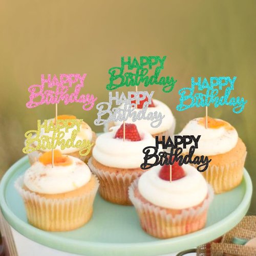 Ercadio 24 Pack Happy Birthday Cupcake Toppers - 8 Vibrant Colors for Kids' Parties & Celebrations