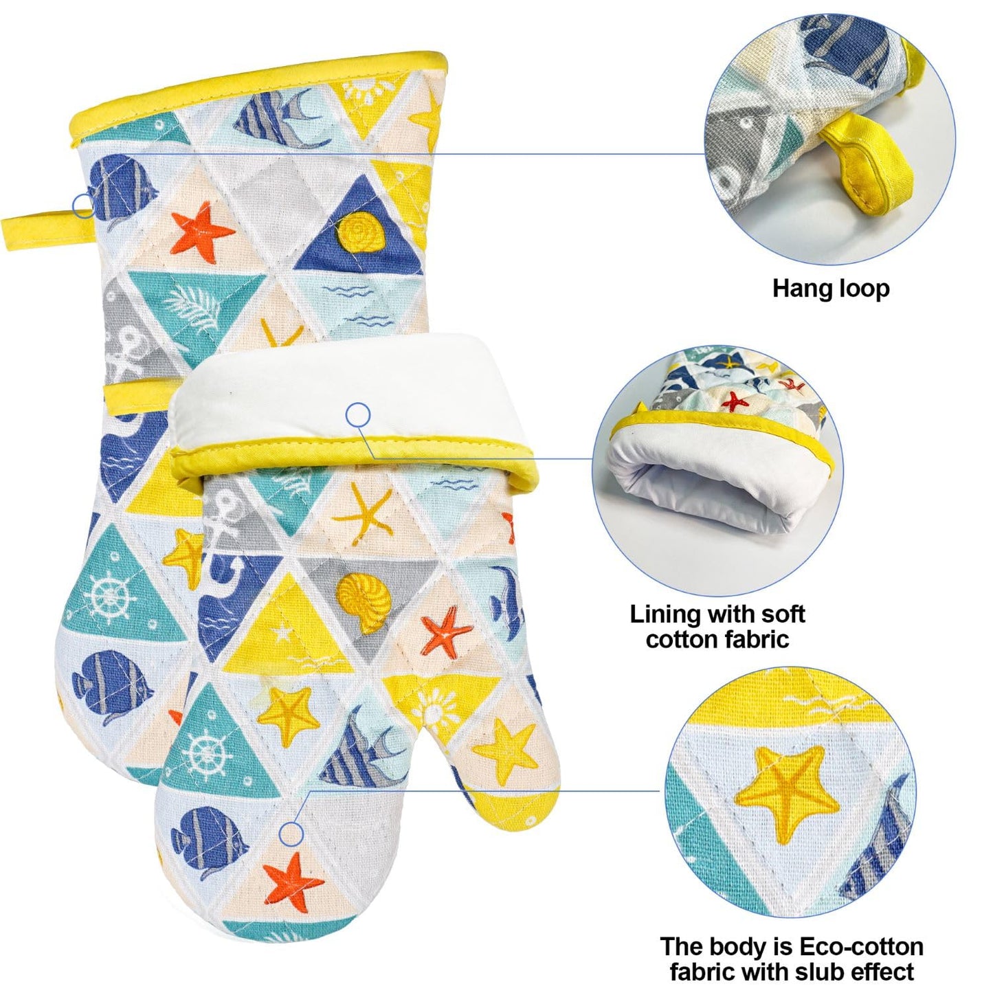 Alselo Oven Mitts and Pot Holders with Chef Apron,Set of 5 Heat Resistant Kitchen Gloves and Silicone Non-Slip Potholders Adjustable Neck Buckle Apron, Cotton Nice Design for Cooking (Sea Fish)