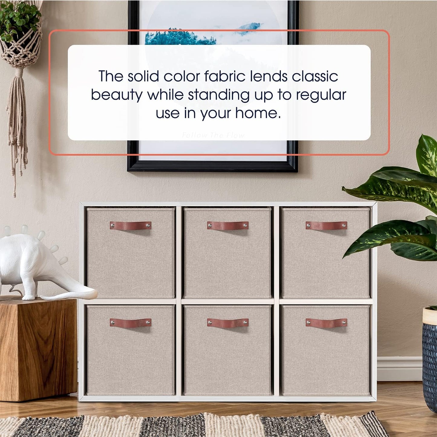 Ornavo Home Storage Cube Bins - Foldable Fabric Organizers with Leather Handles | 11x11 Inches, Beige, 6 Pack