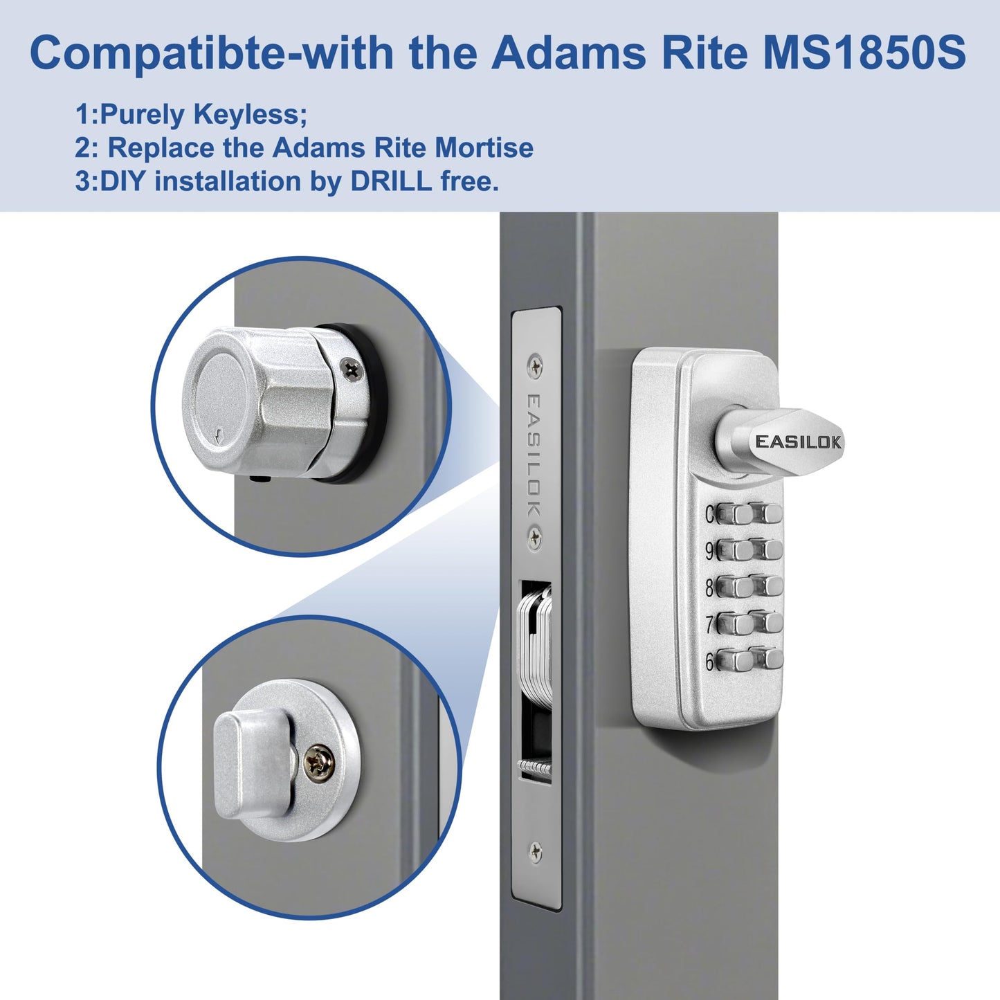 Keyless Keypad Storefront Door Lock, Mechanical Commercial Mortise Lock for Aluminum/Glass Narrow Stile Doors, DIY No-Drill Adams Rite Replacement (Black, 1-1/8" Hook Bolt)